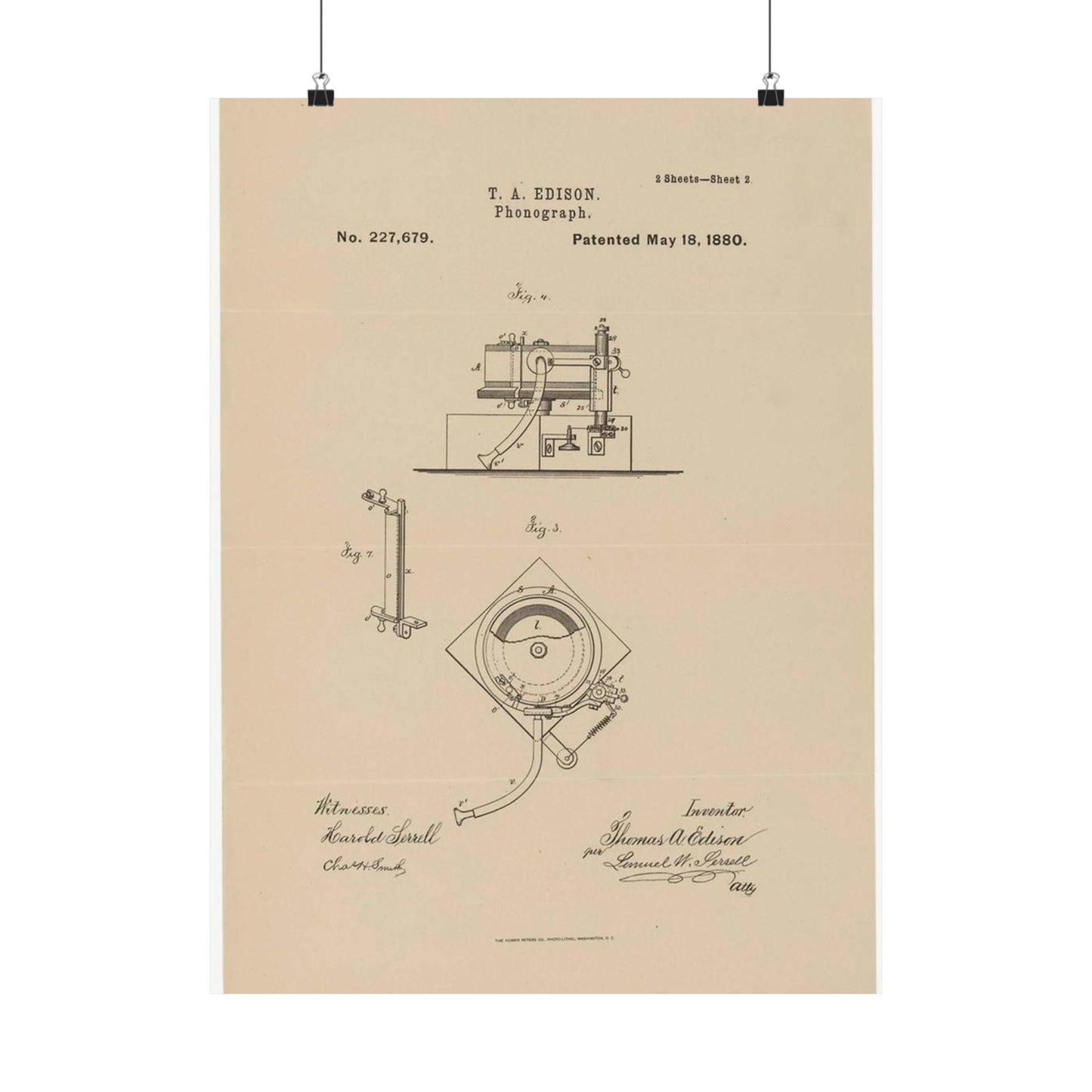 Patent Drawing of Engine - Drawing for a Phonograph Public domain  image High Quality Matte Wall Art Poster for Home, Office, Classroom