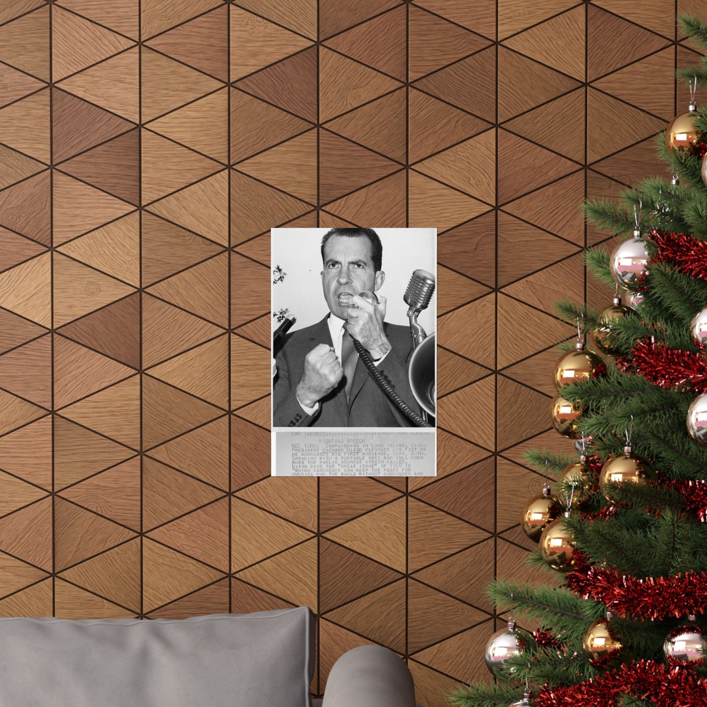 Richard Nixon clinches his fist as he addresses his first audience in Long Island, New York High Quality Matte Wall Art Poster for Home, Office, Classroom