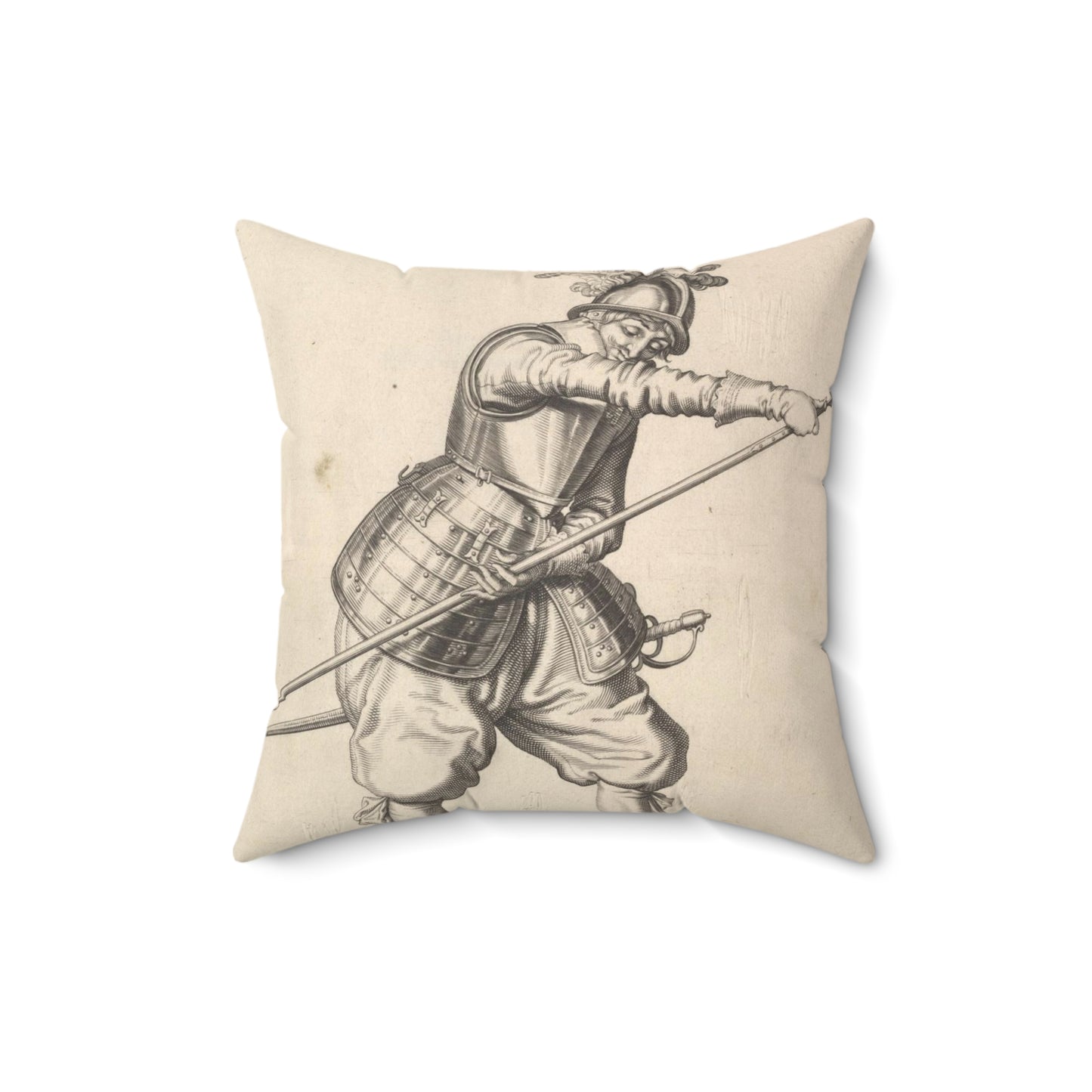 A soldier sliding his right hand along the training-pike, from the Lansquenets series, plate 22, in Wapenhandelinghe van Roers Musquetten Ende Spiessen (The Exercise of Arms) Decorative Accent Square Pillow