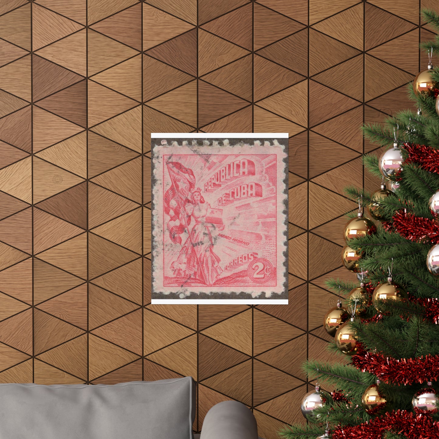 Frimärke ur Gösta Bodmans filatelistiska motivsamling, påbörjad 1950.Frimärke från Cuba, 1948. Motiv av kvinnosymbol för friheten med cigrarrlåda och flagga. High Quality Matte Wall Art Poster for Home, Office, Classroom