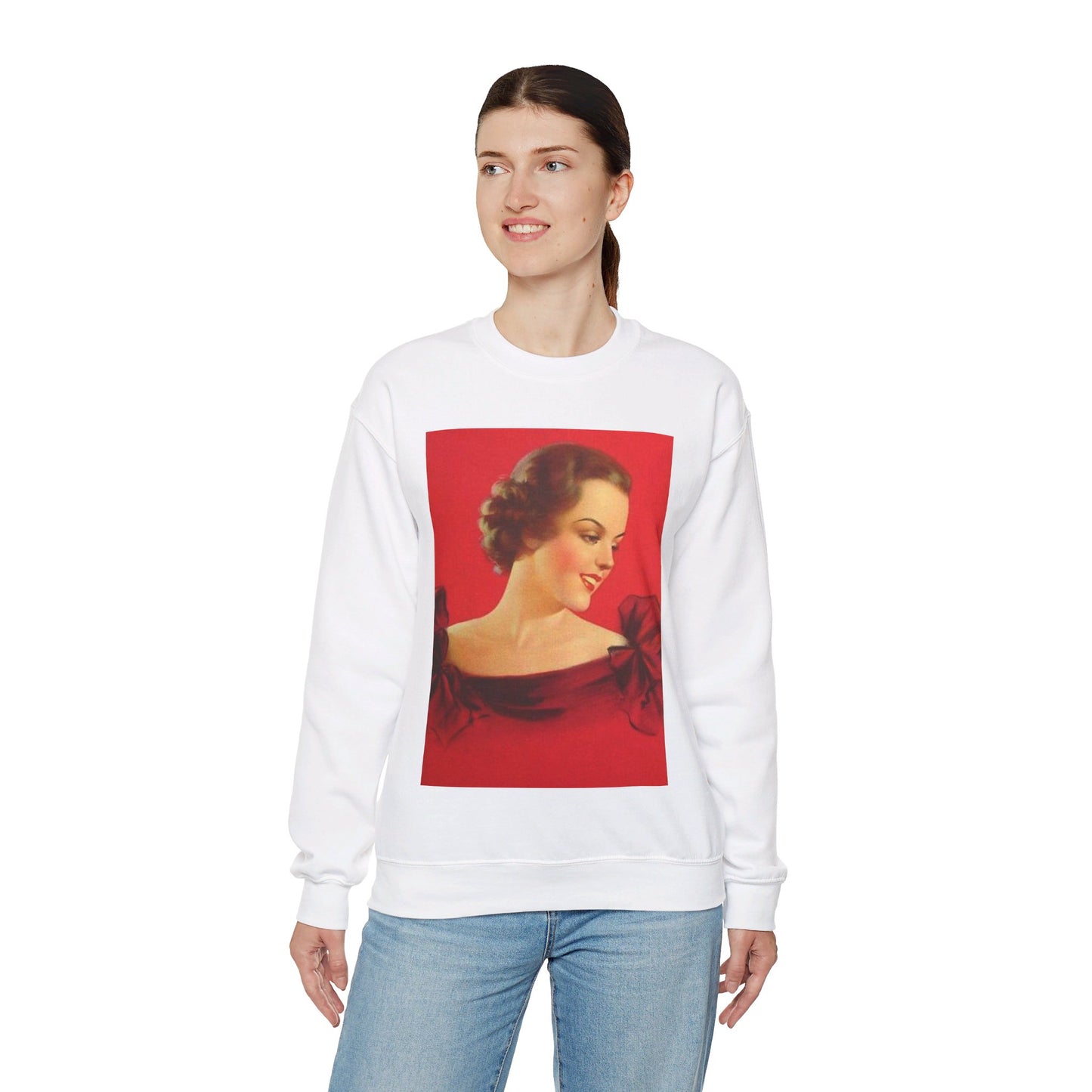 Brunette girl head, red background, painting by Edward Mason Eggleston White Heavy Blend Adult Crew Neck SweatShirt