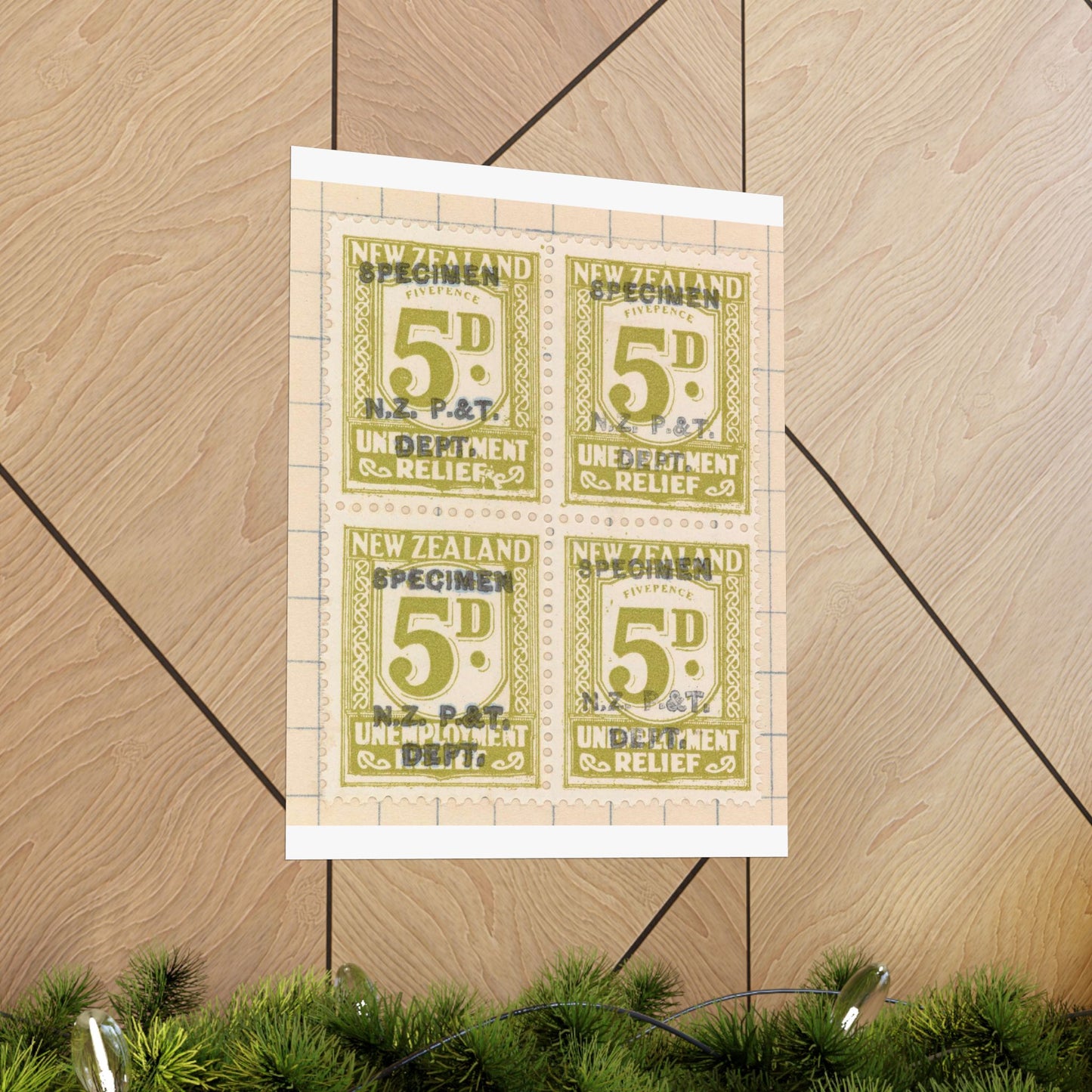 Block of five penny Unemployment Relief stamps overprinted 'Specimen' High Quality Matte Wall Art Poster for Home, Office, Classroom