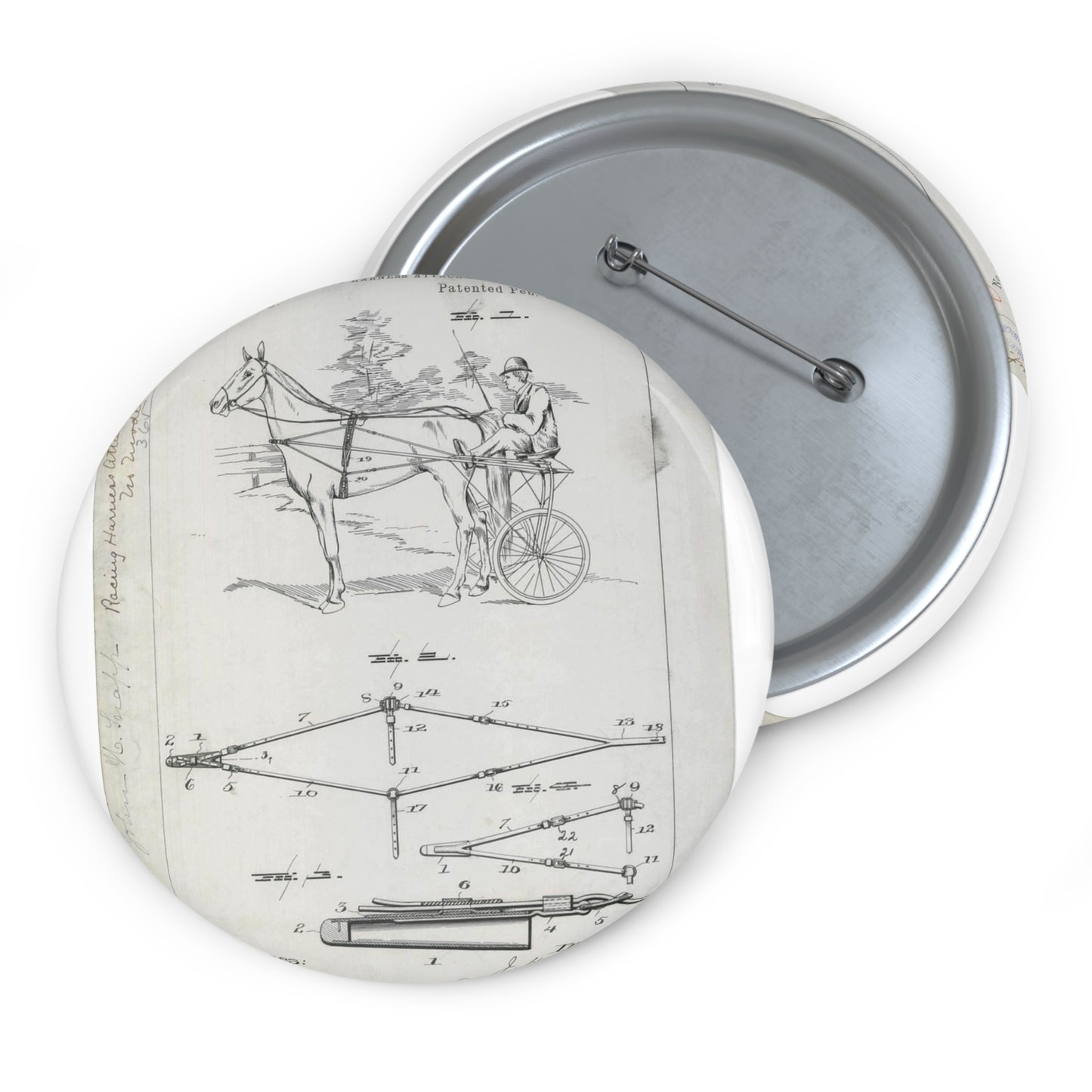 Patent drawing - for J. H. Snapp's Racing Harness Attachment Public domain  image Pin Buttons with Crisp Design