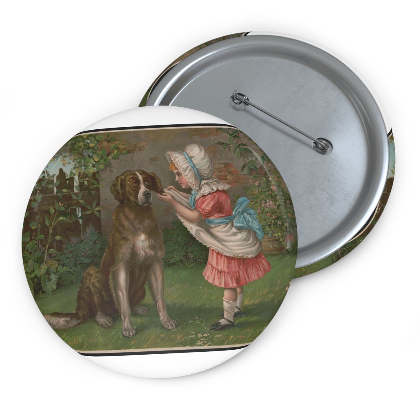 Girl in pink dress and white bonnet with dog Pin Buttons with Crisp Design