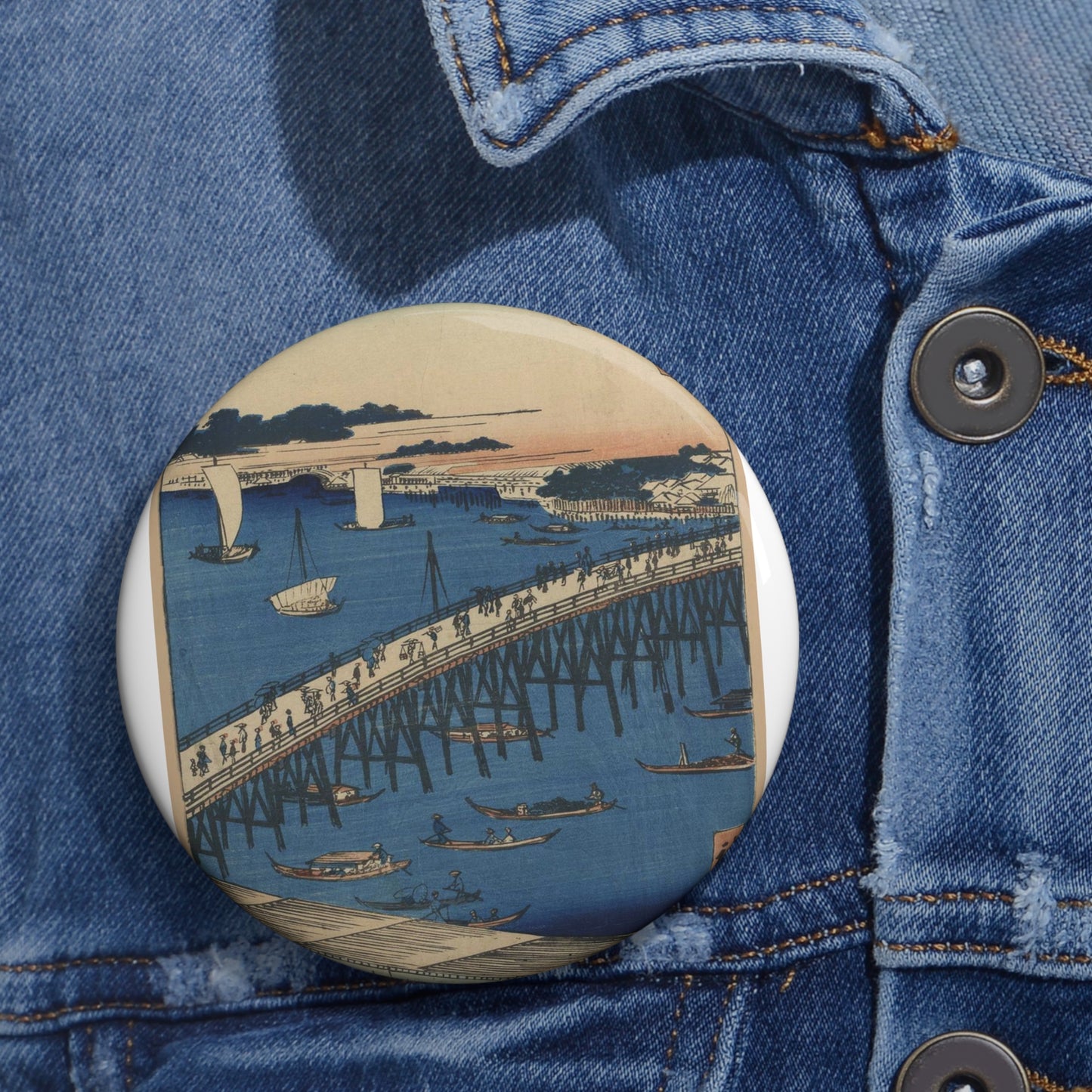 Ryōgokubashi Ōkawabata, Andō Hiroshige - Ukiyo e print Pin Buttons with Crisp Design