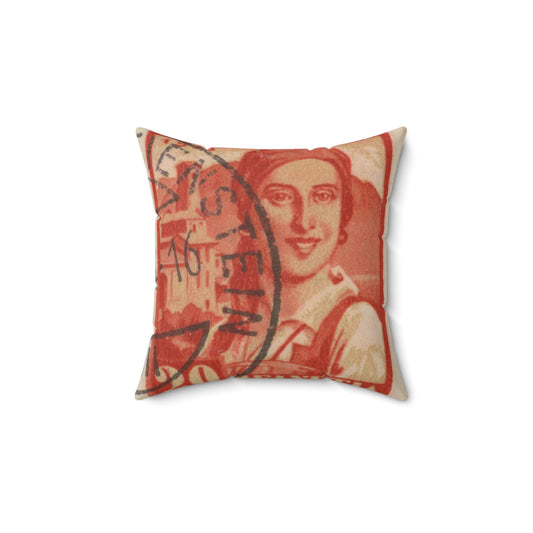 Frimärke ur Gösta Bodmans filatelistiska motivsamling, påbörjad 1950.Frimärke från Schweiz, 1933. Motiv av kvinnodräkt, Tessin. Decorative Accent Square Pillow