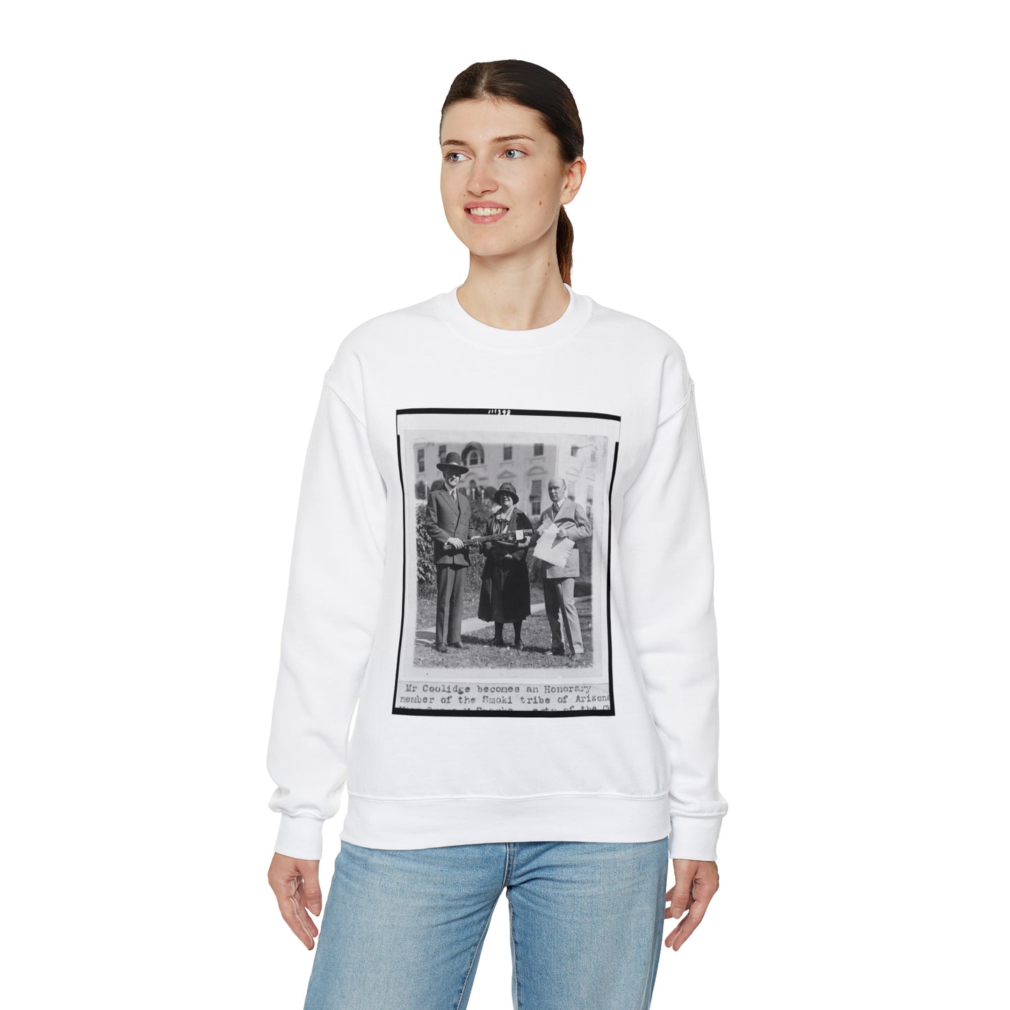 Mr. Coolidge becomes an honorary member of the Smoki [i.e., Hopi] tribe of Arizona--Miss Grace M. Sparks, Secty. of the Chamber of Commerce of Prescott, Ariz. and H.M. Watkins, Secty. of the Chamber of Phoenix White Heavy Blend Adult Crew Neck SweatShirt