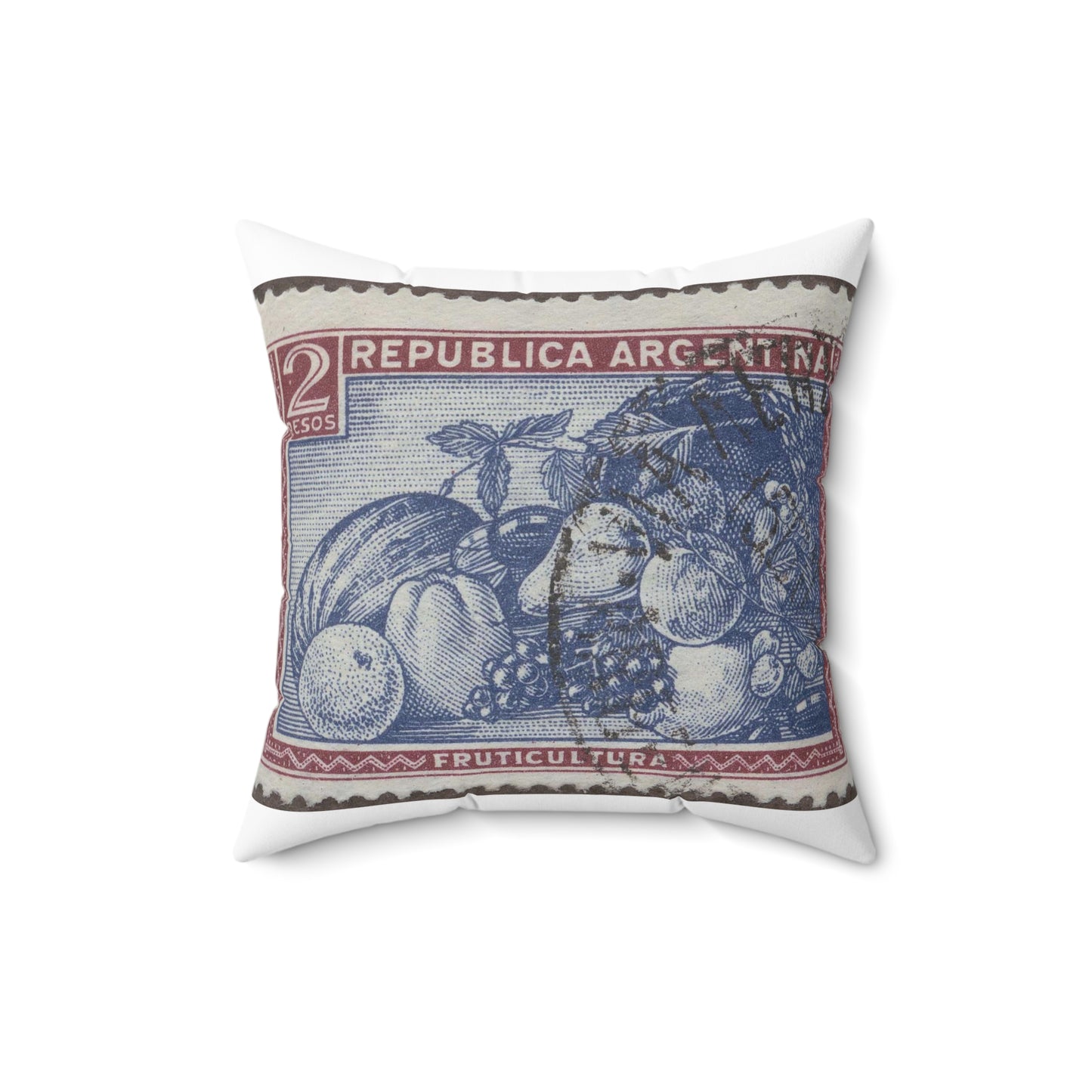 Frimärke ur Gösta Bodmans filatelistiska motivsamling, påbörjad 1950.Frimärke från Argentina, 1935. Motiv av diverse subtrpiska frukter. Decorative Accent Square Pillow