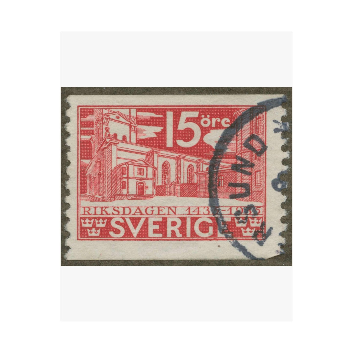 Frimärke ur Gösta Bodmans filatelistiska motivsamling, påbörjad 1950.Frimärke från Sverige. Motiv av Storkyrkan i Stockholm. "Den svenska riksdagen 500 år 1435-1935". High Quality Matte Wall Art Poster for Home, Office, Classroom