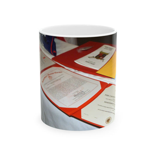 A display of US Marine Corps (USMC) MASTER GUNNERY Sergeant (MGYSGT) Stephen W. Shields' awards lay on a table during his retirement ceremony, at the Clubs of Quantico, Marine Corps Base (MCB) Quantico, Virginia Beautiful Novelty Ceramic Coffee Mug 11oz