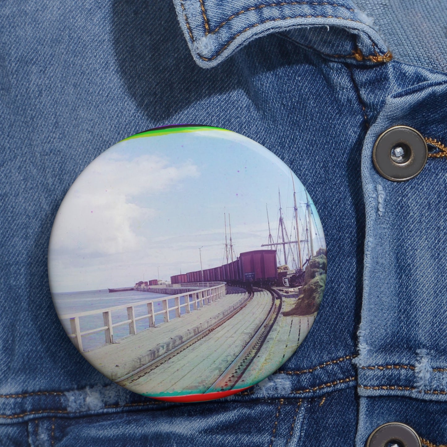 Sorochya Bay. Railroad dam in the Soroka inlet.  Arkhangelsk Province, Russia.  Pin Buttons with Crisp Design