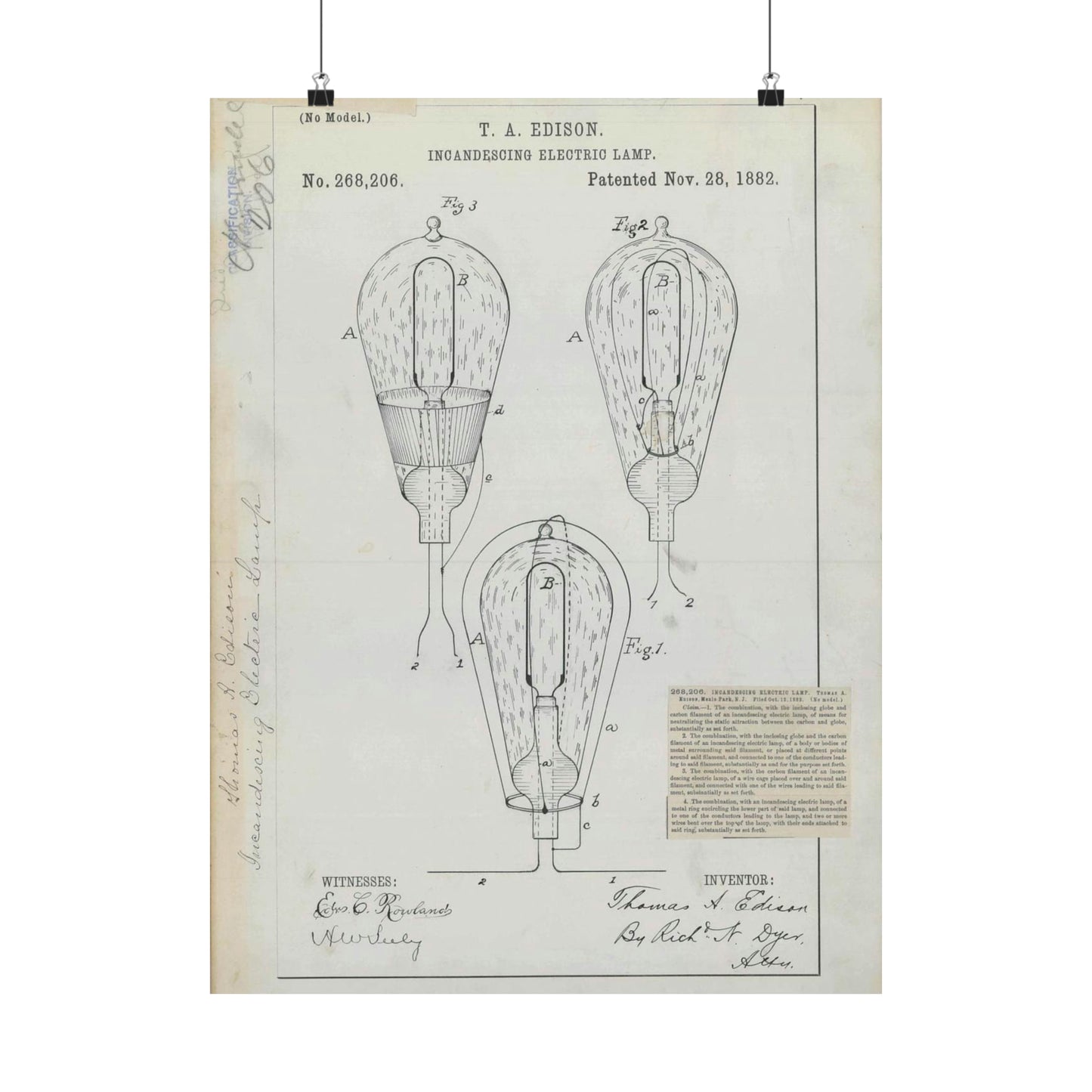 Patent drawing - for T. A. Edison's Incandescing Electric Lamp Public domain  image High Quality Matte Wall Art Poster for Home, Office, Classroom