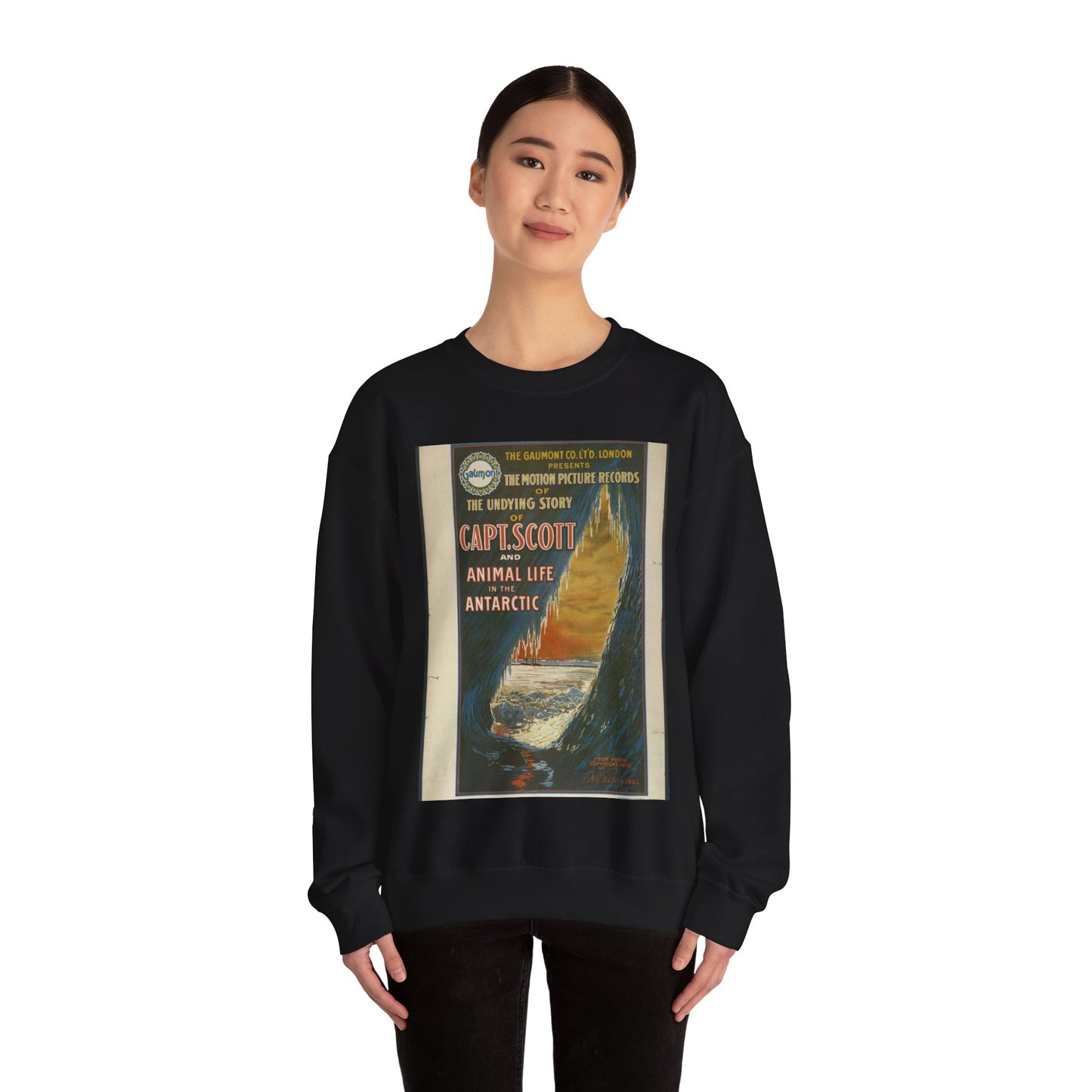 The Gaumont Co. L'T'D. London presents the motion picture records of the undying story of Capt. Scott and animal life in the Antarctic / The Morgan Lith. Co., Cleveland, O. Black Heavy Blend Adult Crew Neck SweatShirt