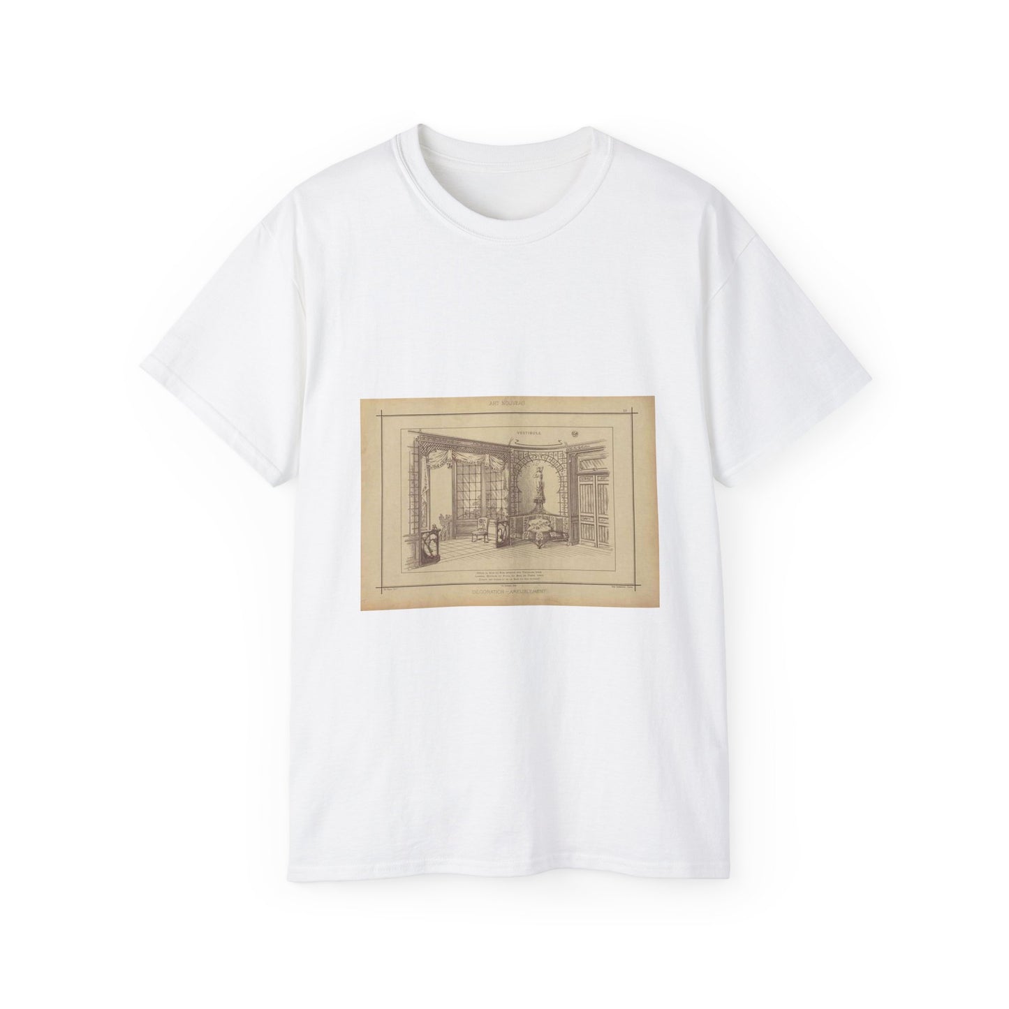 Vestibule : décor de baie en bois découpé sur treillage doré. Lambris, meubles et porte en bois de frêne verni. Etoffe des sièges et de la baie en soie brochée. White T-Shirt Gildan 2000 Cotton Unisex