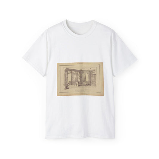 Vestibule : décor de baie en bois découpé sur treillage doré. Lambris, meubles et porte en bois de frêne verni. Etoffe des sièges et de la baie en soie brochée. White T-Shirt Gildan 2000 Cotton Unisex