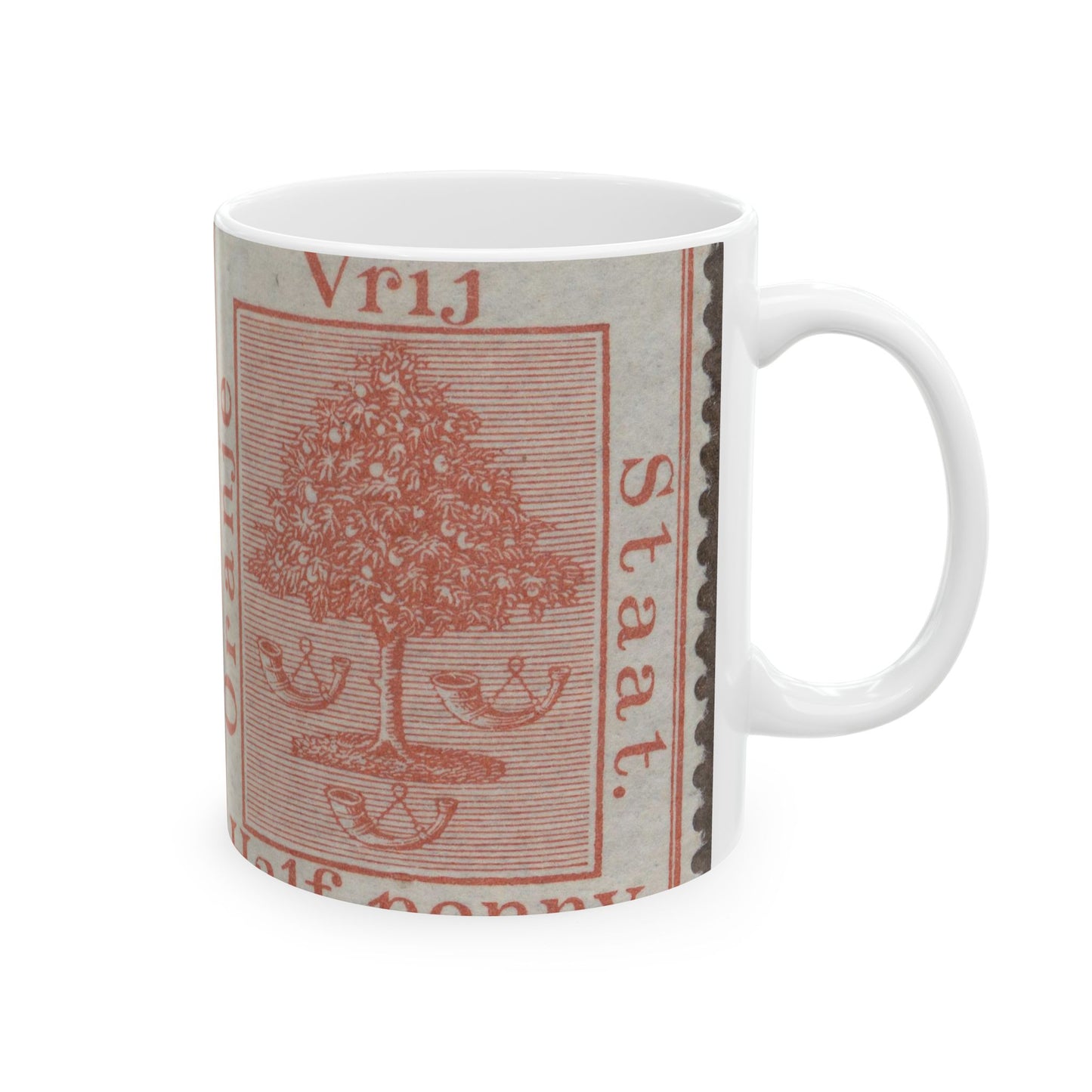 Frimärke ur Gösta Bodmans filatelistiska motivsamling, påbörjad 1950.Frimärke från Oranje -Fristaten. Motiv av apelsinträd med frukter och posthorn. Beautiful Novelty Ceramic Coffee Mug 11oz