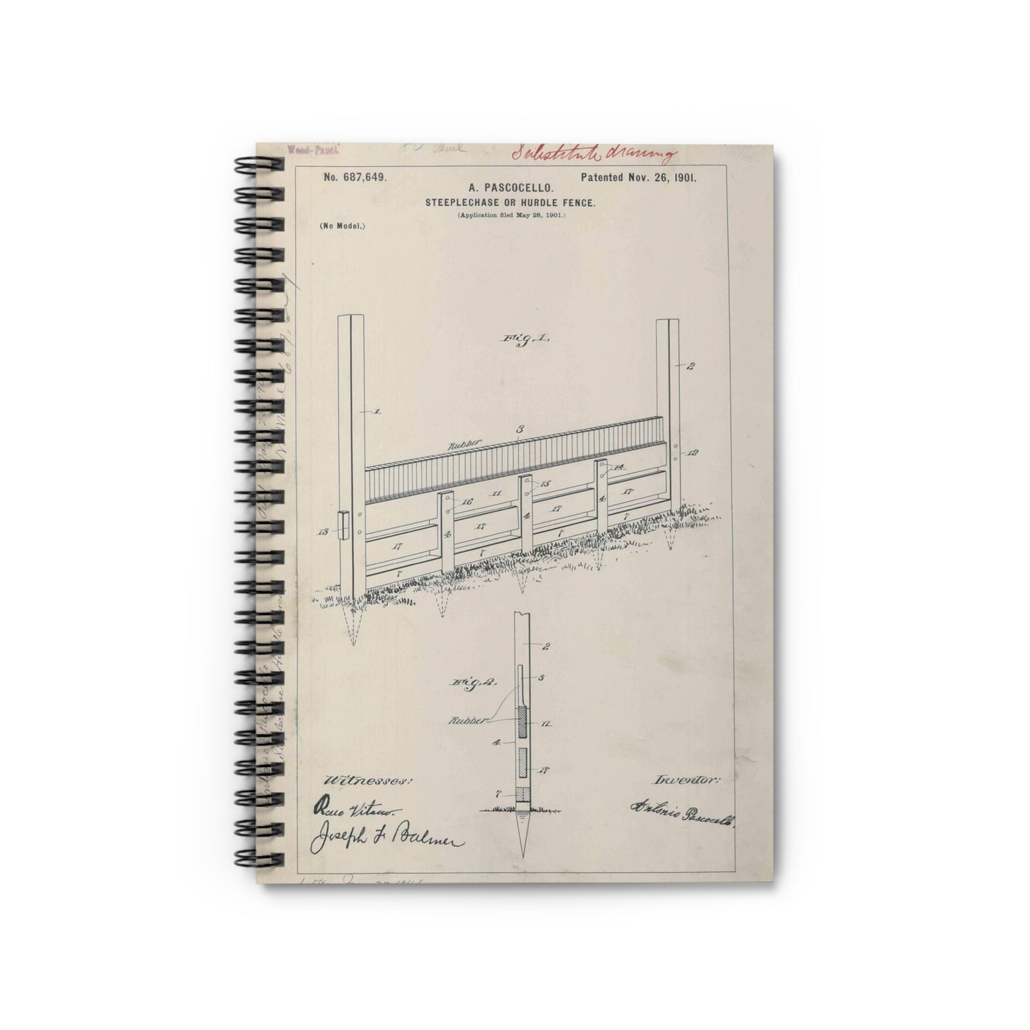 Patent Drawing of Engine - for A. Pascocello' Steeplechase or Hurdle Fence Public domain  image Spiral Bound Ruled Notebook with Printed Cover