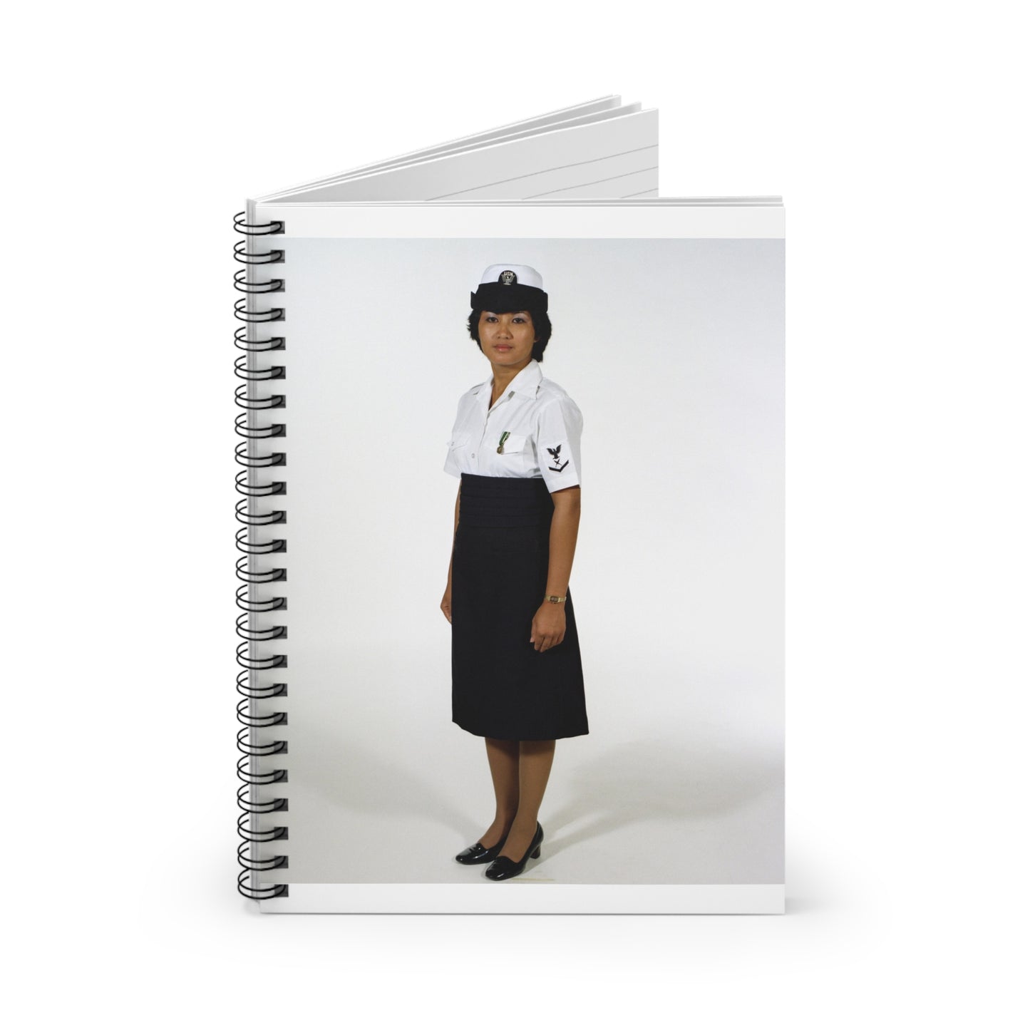 Uniform: Tropical dinner dress blue, Navy enlisted women, ranks E-1 through E-6 Spiral Bound Ruled Notebook with Printed Cover