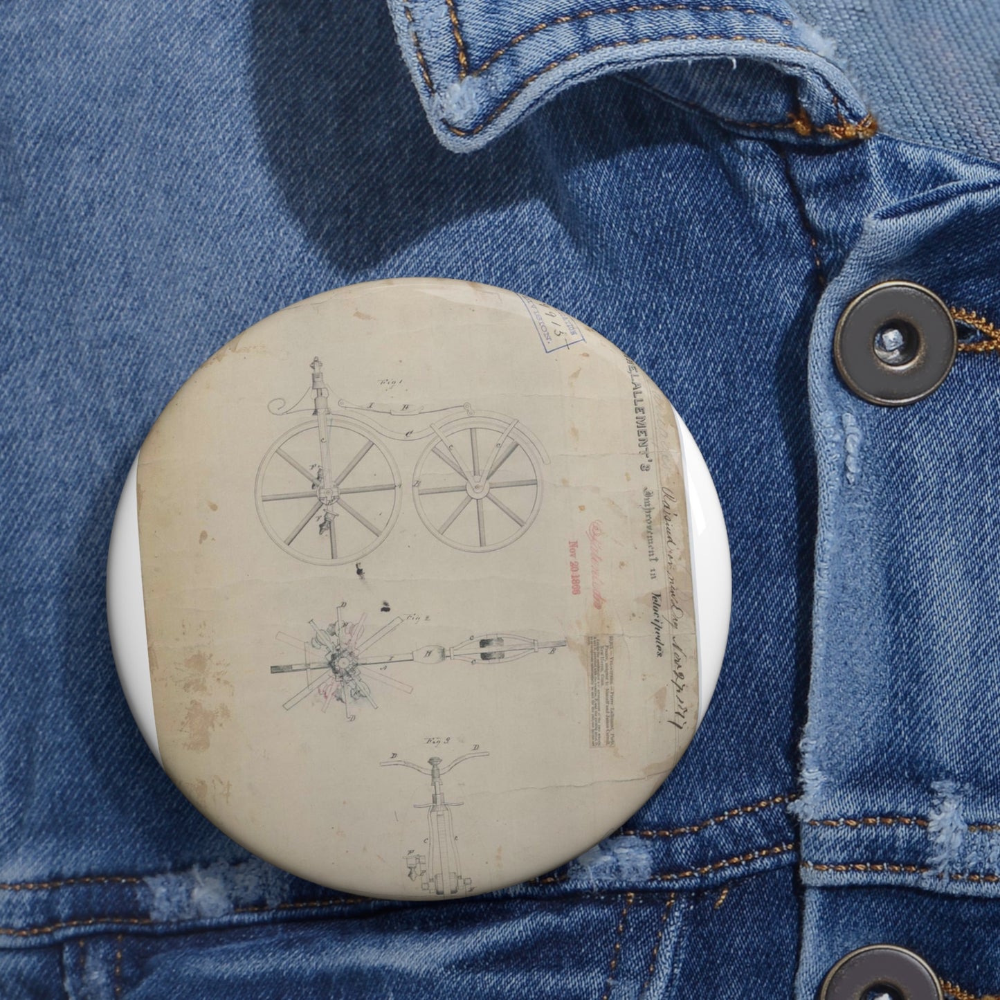 Patent drawing - for Pierre Lallement's Improvement in Velocipedes Public domain  image Pin Buttons with Crisp Design