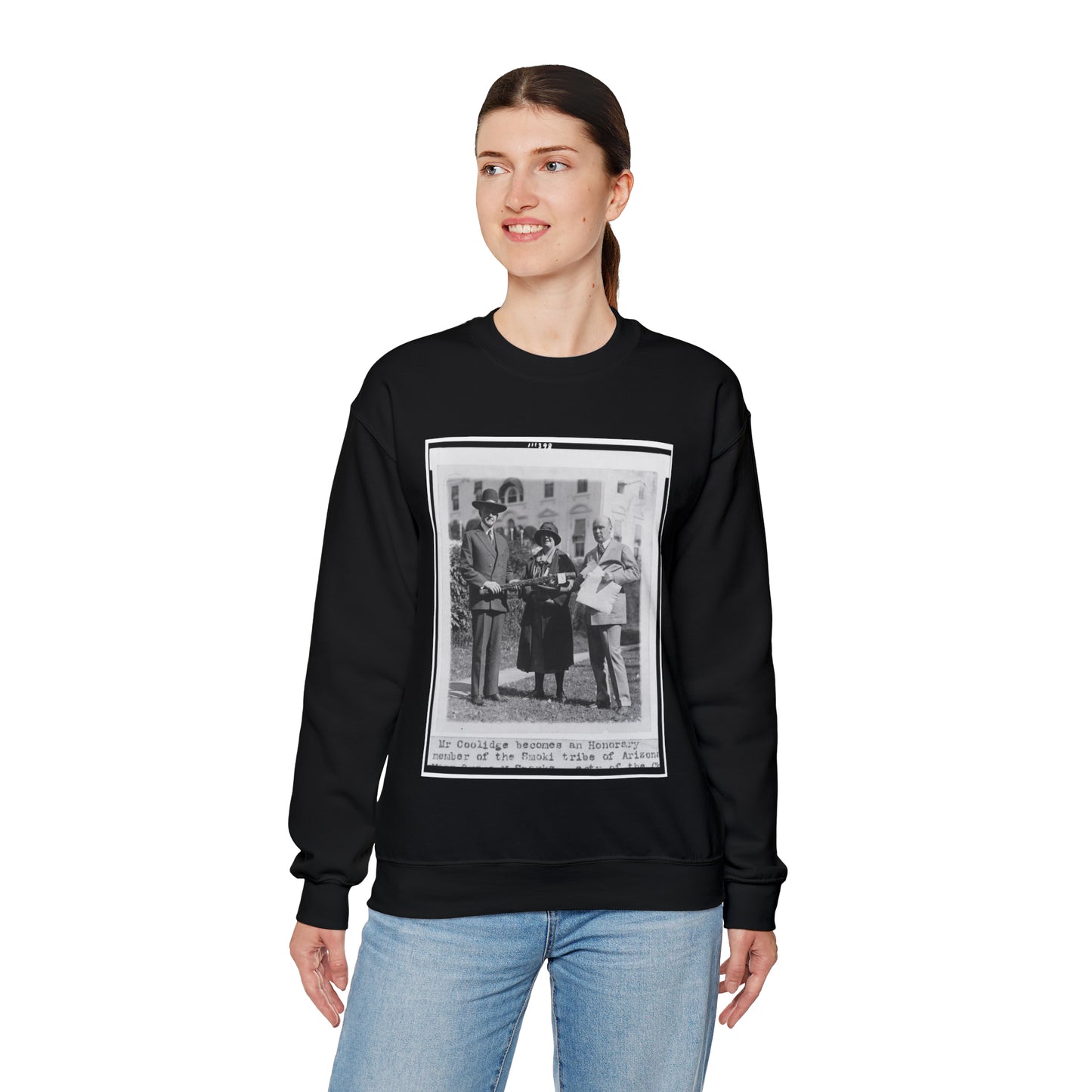 Mr. Coolidge becomes an honorary member of the Smoki [i.e., Hopi] tribe of Arizona--Miss Grace M. Sparks, Secty. of the Chamber of Commerce of Prescott, Ariz. and H.M. Watkins, Secty. of the Chamber of Phoenix Black Heavy Blend Adult Crew Neck SweatShirt