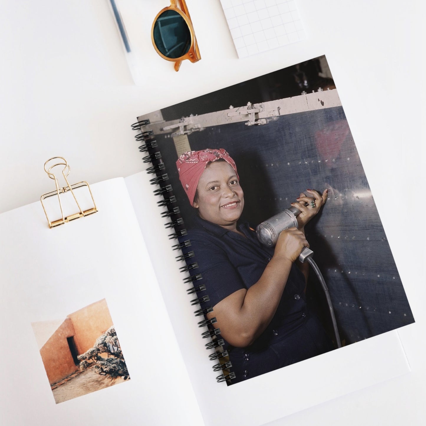 Operating a hand drill at Vultee-Nashville, woman is working on a "Vengeance" dive bomber, Tennessee Spiral Bound Ruled Notebook with Printed Cover