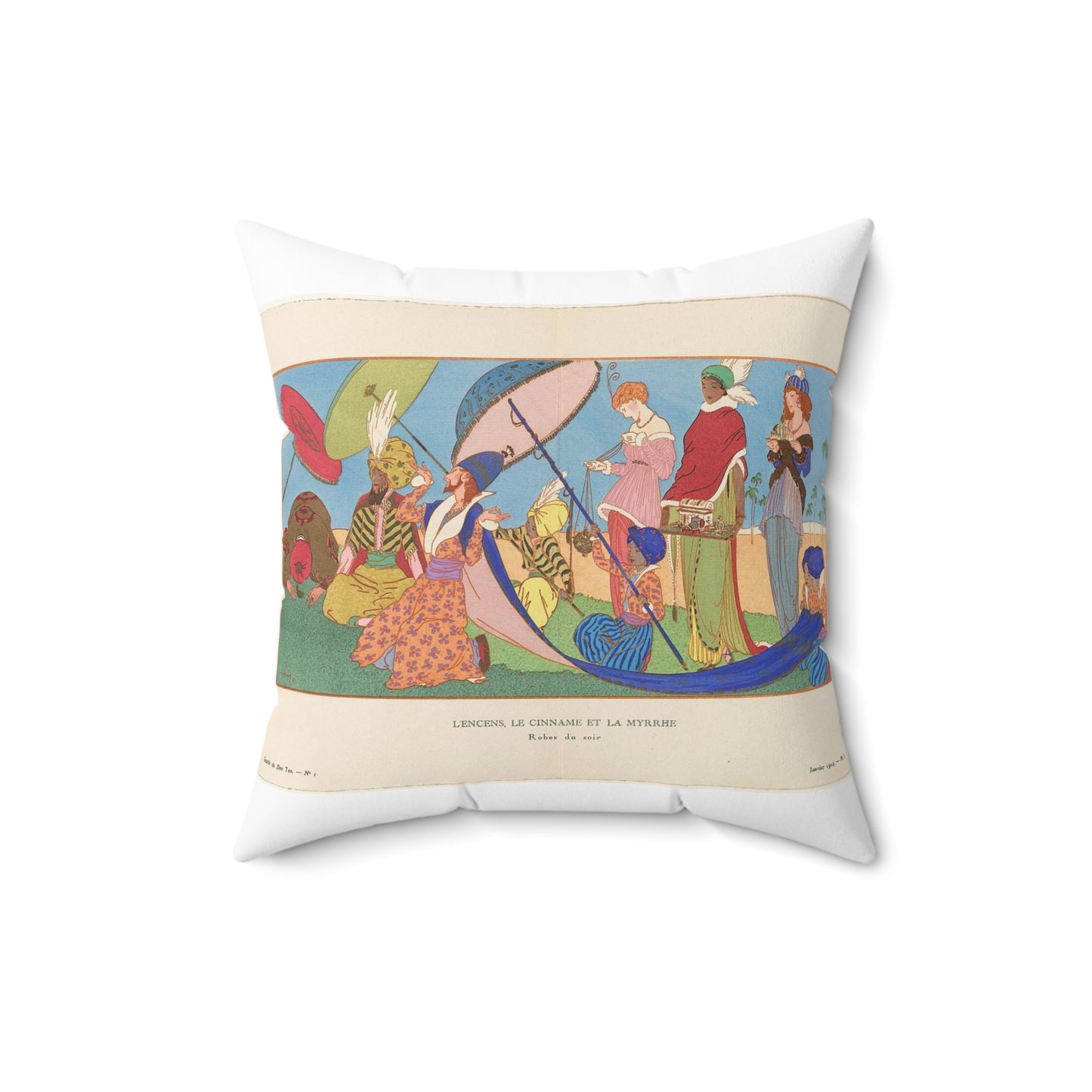 Gazette du Bon Ton, 1914 - No. 1, Pl. I: L'Encens, Le Cinname et la Myrrhe / Robes du soir. Decorative Accent Square Pillow