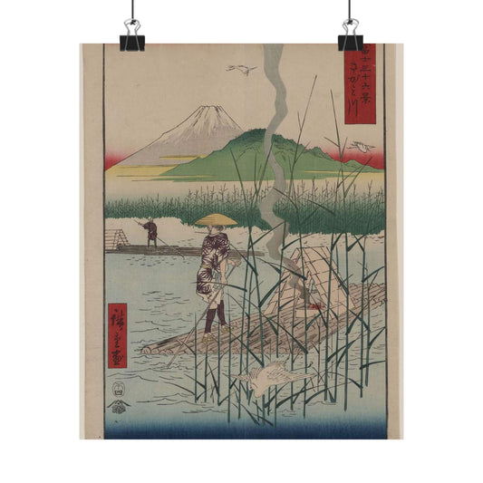 18 - The Sagami River - A painting of a man standing on a boat in a body of water High Quality Matte Wall Art Poster for Home, Office, Classroom