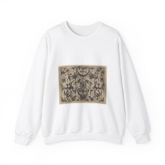 Blackwork Print with a Trophy at Center Surrounded by Grotesques and Swag Drapery White Heavy Blend Adult Crew Neck SweatShirt