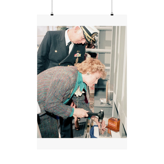 Mrs. E. Meese and Captain (CAPT) R.H. Randall, supervisor of Shipbuilding, Conversion, and Repair, participate in the keel laying of the guided missile frigate Rodney M. Davis (FFG 60) High Quality Matte Wall Art Poster for Home, Office, Classroom