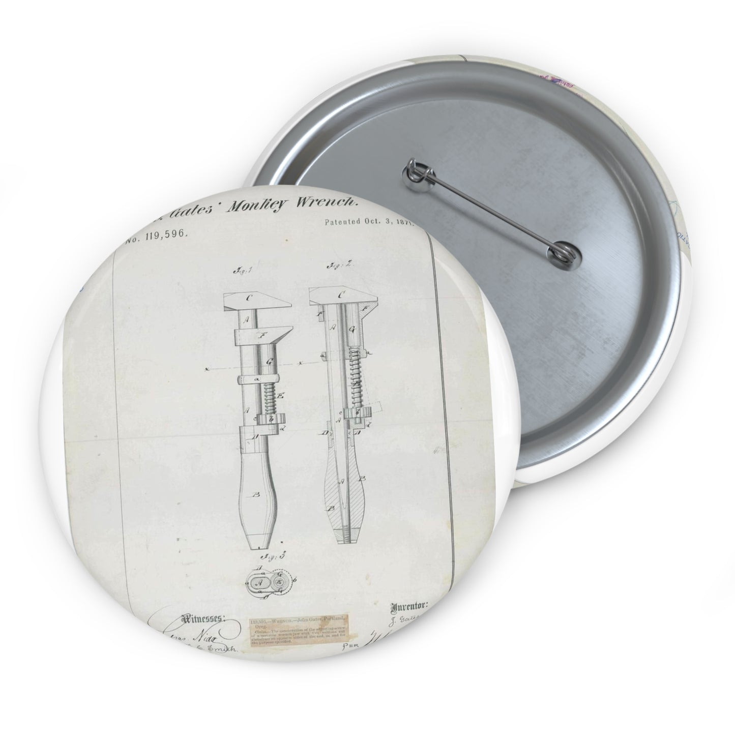 Patent Drawing of Engine - for J. Gates' Monkey Wrench Public domain  image Pin Buttons with Crisp Design