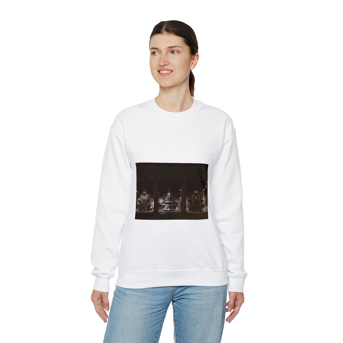 Steam locomotives in the roundhouse of the Durango & Silverton Narrow Gauge Scenic Railroad in Durango, Colorado White Heavy Blend Adult Crew Neck SweatShirt