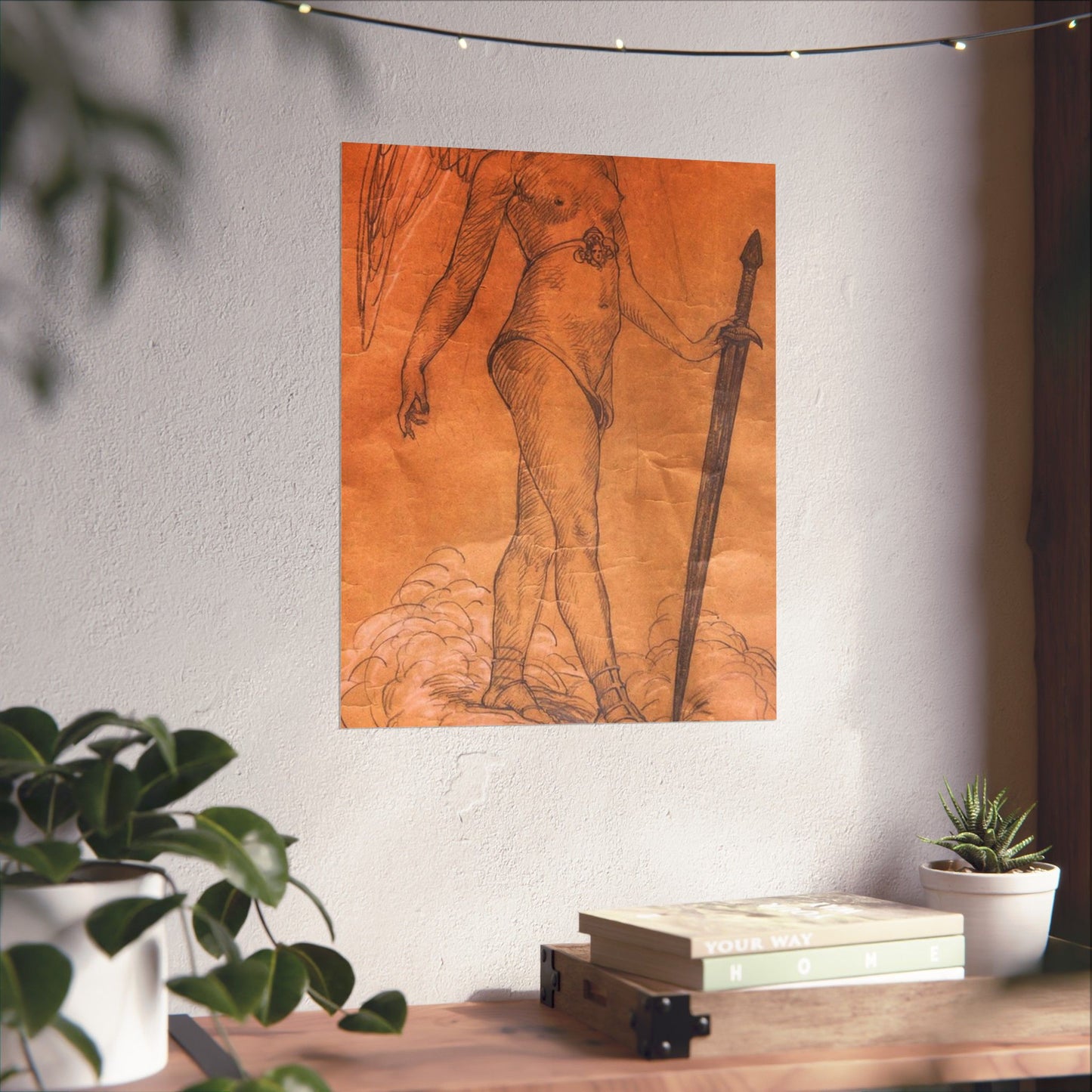 A drawing of an angel holding a sword. Woman breasts sword, beauty fashion. High Quality Matte Wall Art Poster for Home, Office, Classroom