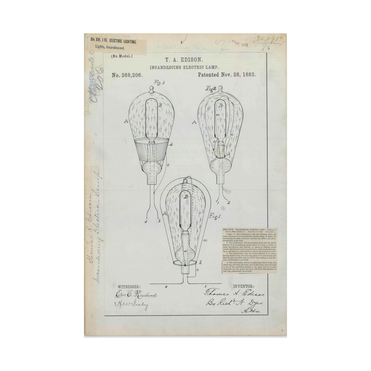 Patent drawing - for T. A. Edison's Incandescing Electric Lamp Public domain  image High Quality Matte Wall Art Poster for Home, Office, Classroom