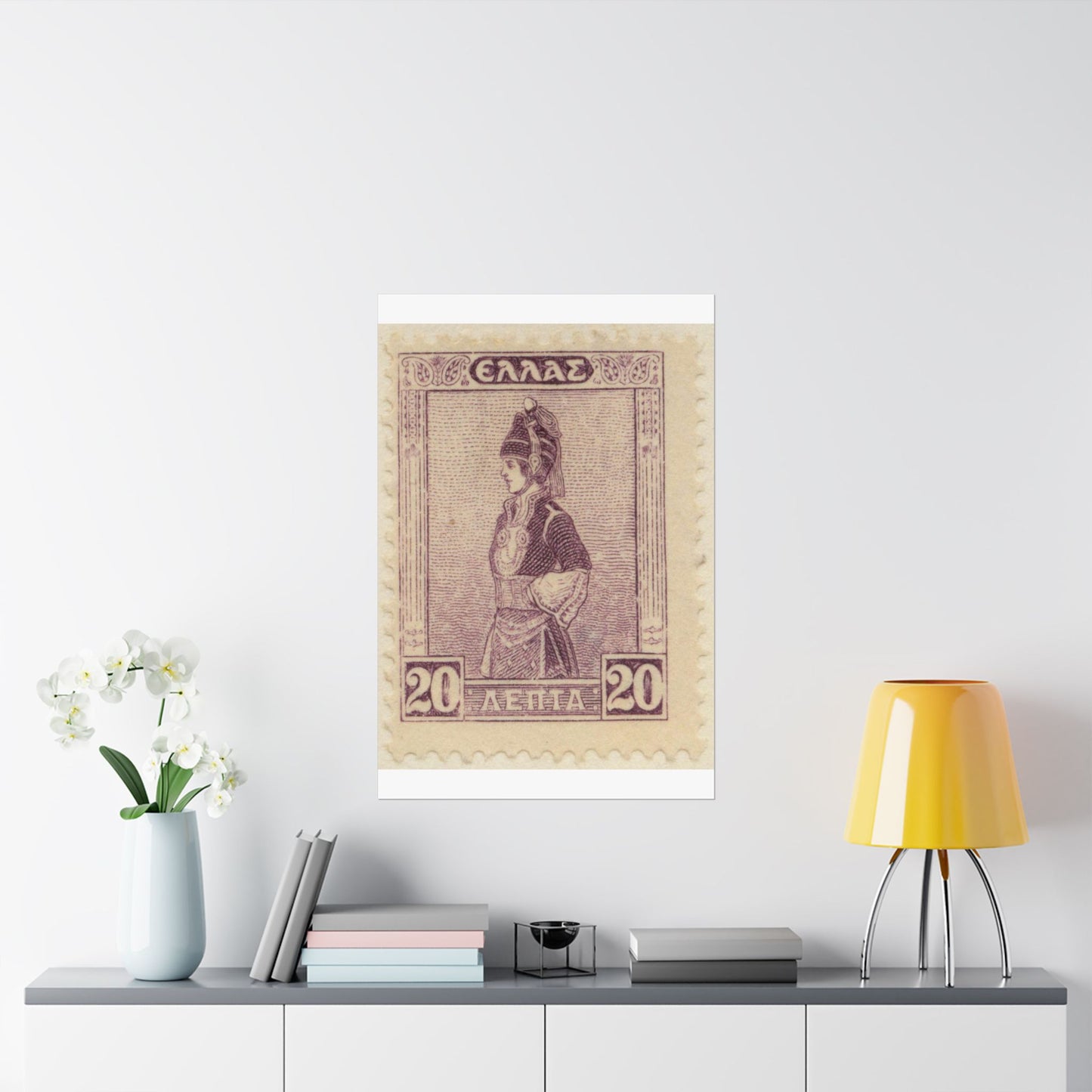 Frimärke ur Gösta Bodmans filatelistiska motivsamling, påbörjad 1950.Frimärke från GRekland, 1927. Motiv av Mecedonisk dräkt. High Quality Matte Wall Art Poster for Home, Office, Classroom