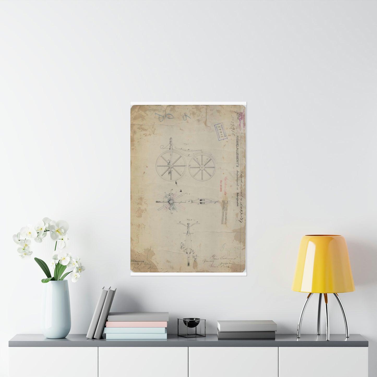 Patent drawing - for Pierre Lallement's Improvement in Velocipedes Public domain  image High Quality Matte Wall Art Poster for Home, Office, Classroom