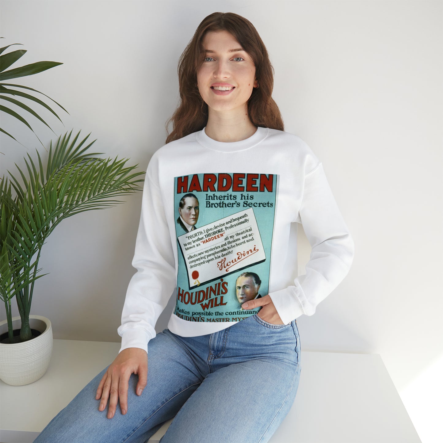 Hardeen inherits his brother's secrets Houdini's will makes possible the continuance of Houdini's master mysteries. White Heavy Blend Adult Crew Neck SweatShirt