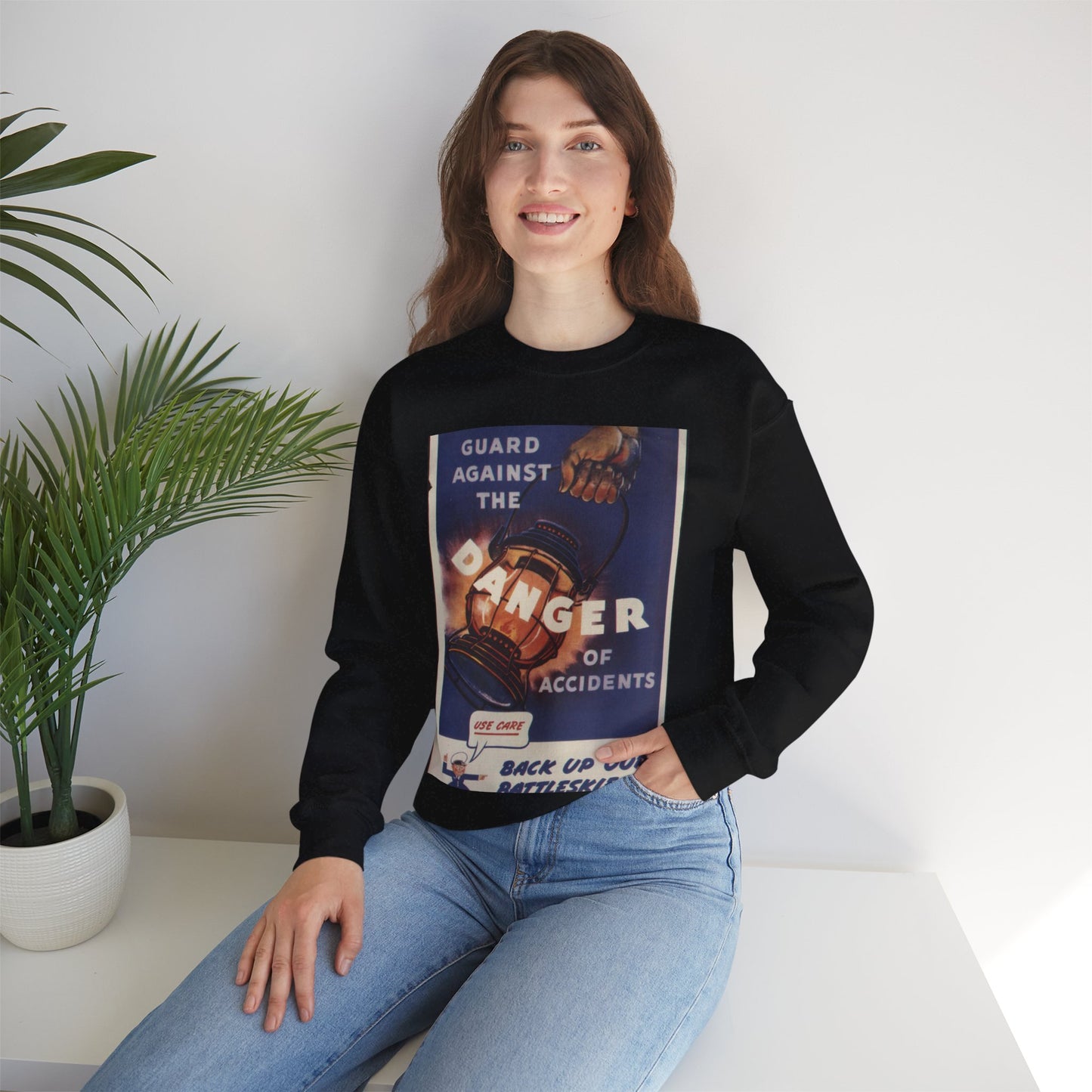 Guard against the danger of accidents. Back up our battleskies^ - NARA - 535358 Black Heavy Blend Adult Crew Neck SweatShirt