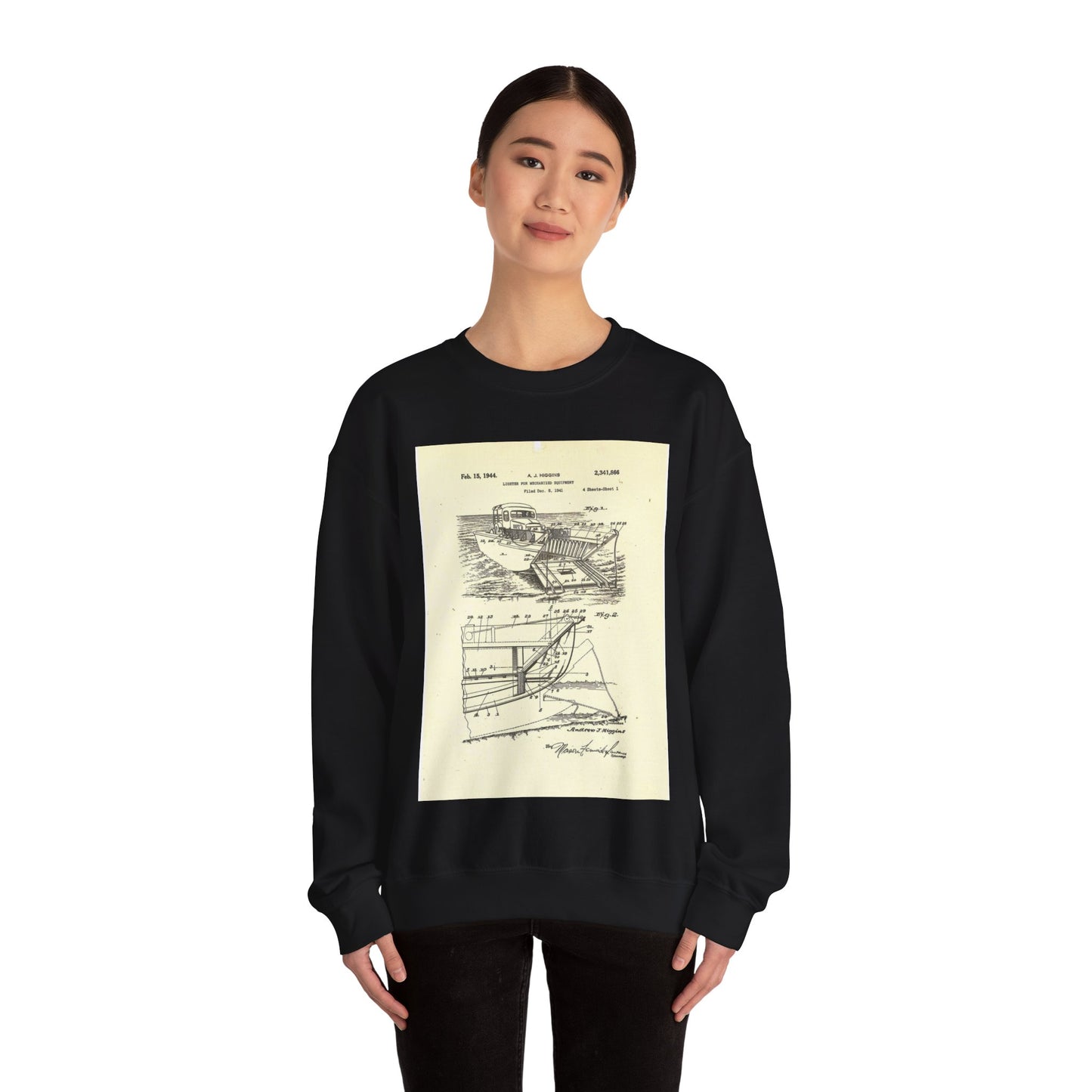 Patent Case File No. 2,341,866, Lighter for Mechanized Equipment, Inventor Andrew Jackson Higgins - DPLA - ae298984ff5d8a447906ec84a7e3cf66 (page 11) Black Heavy Blend Adult Crew Neck SweatShirt