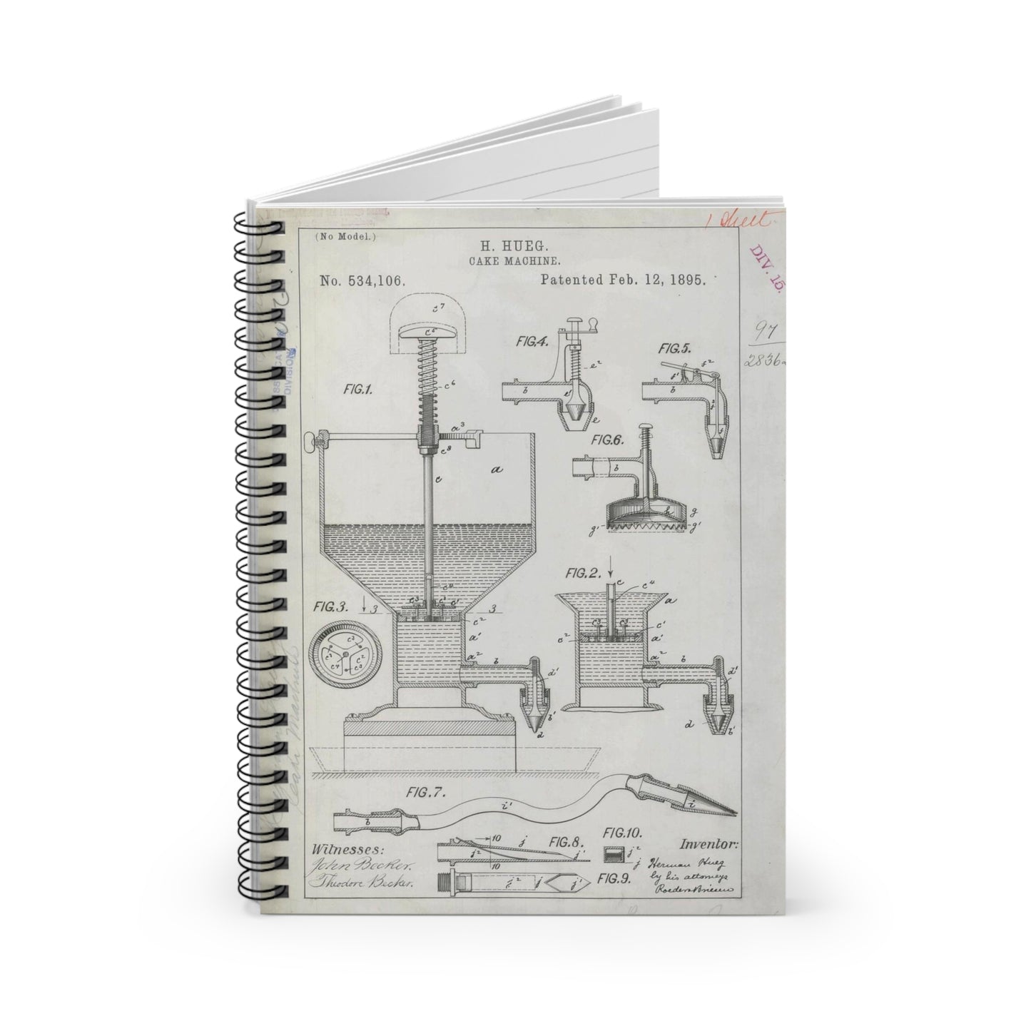 Patent Drawing of Engine - for H. Hueg's Cake Machine Public domain  image Spiral Bound Ruled Notebook with Printed Cover