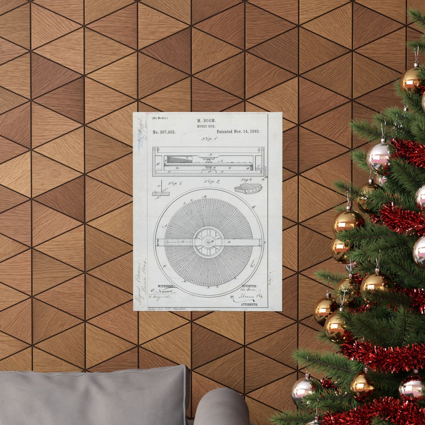 Patent Drawing of Engine - for M. Boom's Music Box Public domain  image High Quality Matte Wall Art Poster for Home, Office, Classroom