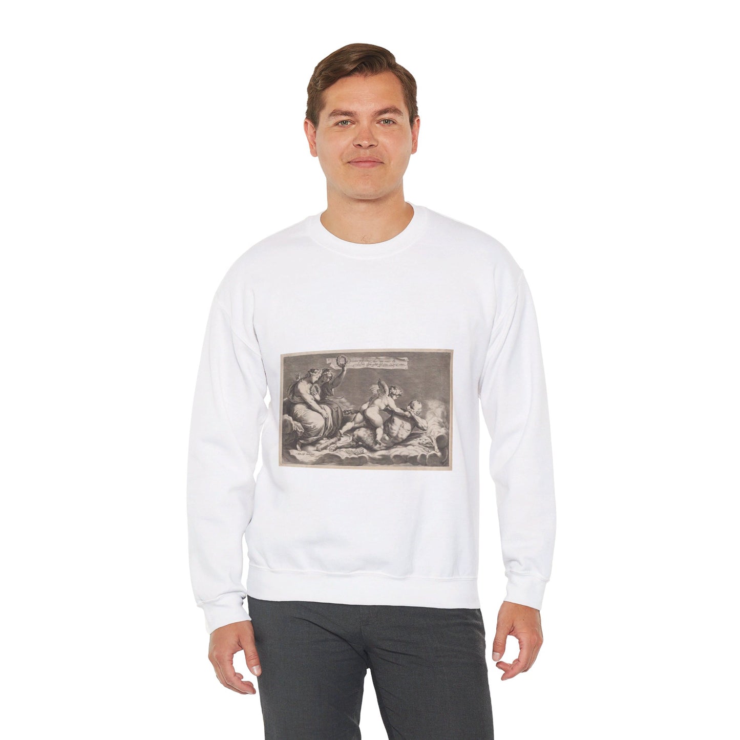 Cupid wrestling with Pan, amongst the clouds, with two allegorical women seated at left White Heavy Blend Adult Crew Neck SweatShirt