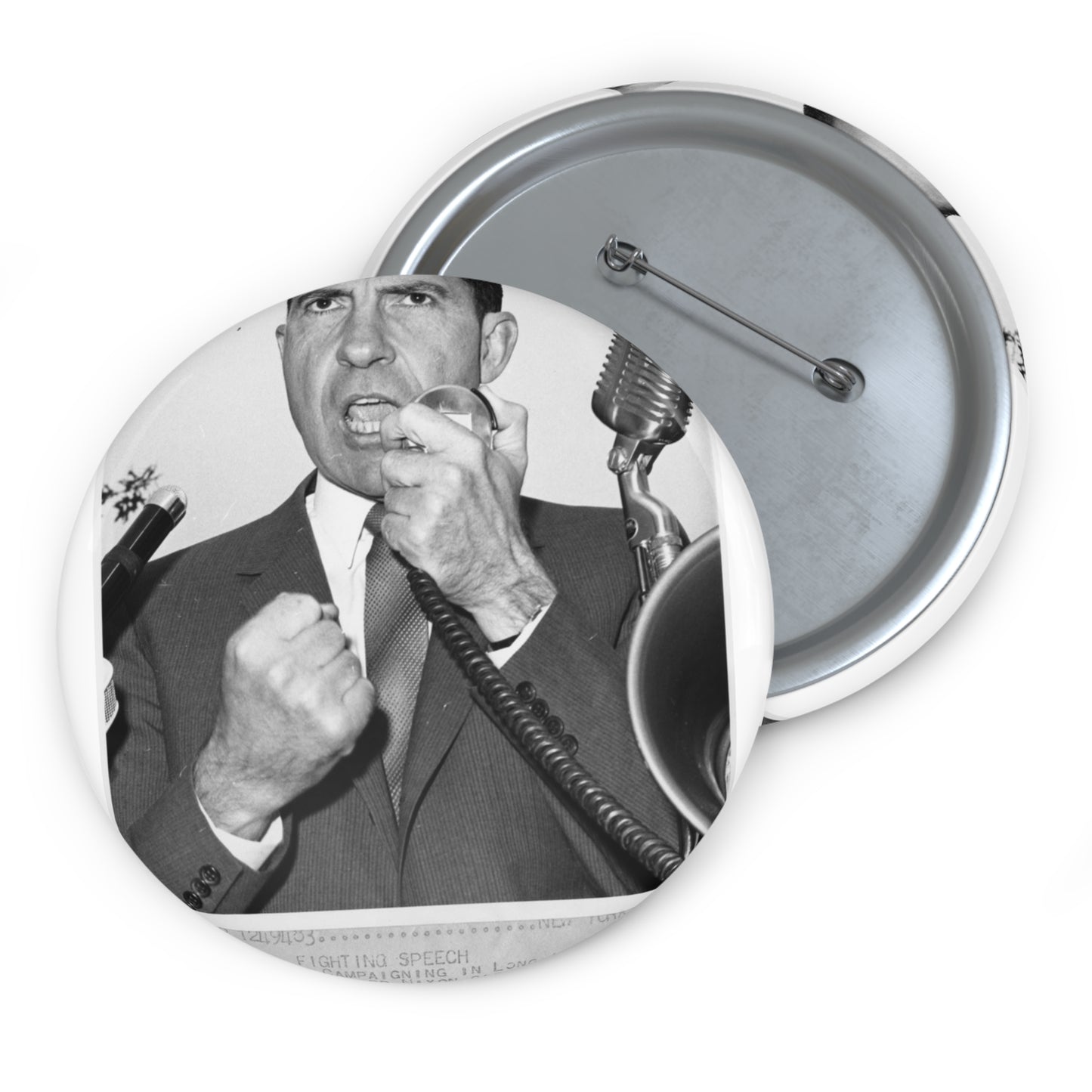 Richard Nixon clinches his fist as he addresses his first audience in Long Island, New York Pin Buttons with Crisp Design