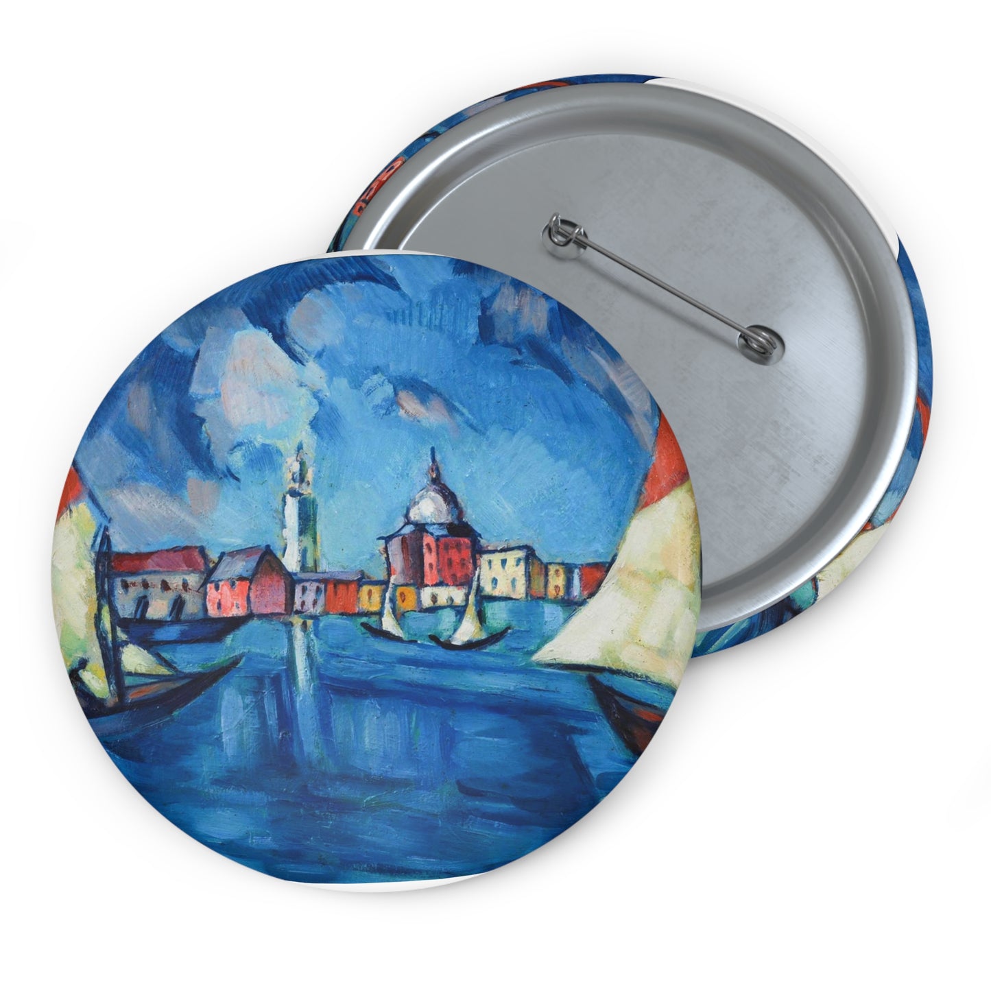 Magi veneetsia - A painting of boats in a harbor with buildings in the background Pin Buttons with Crisp Design