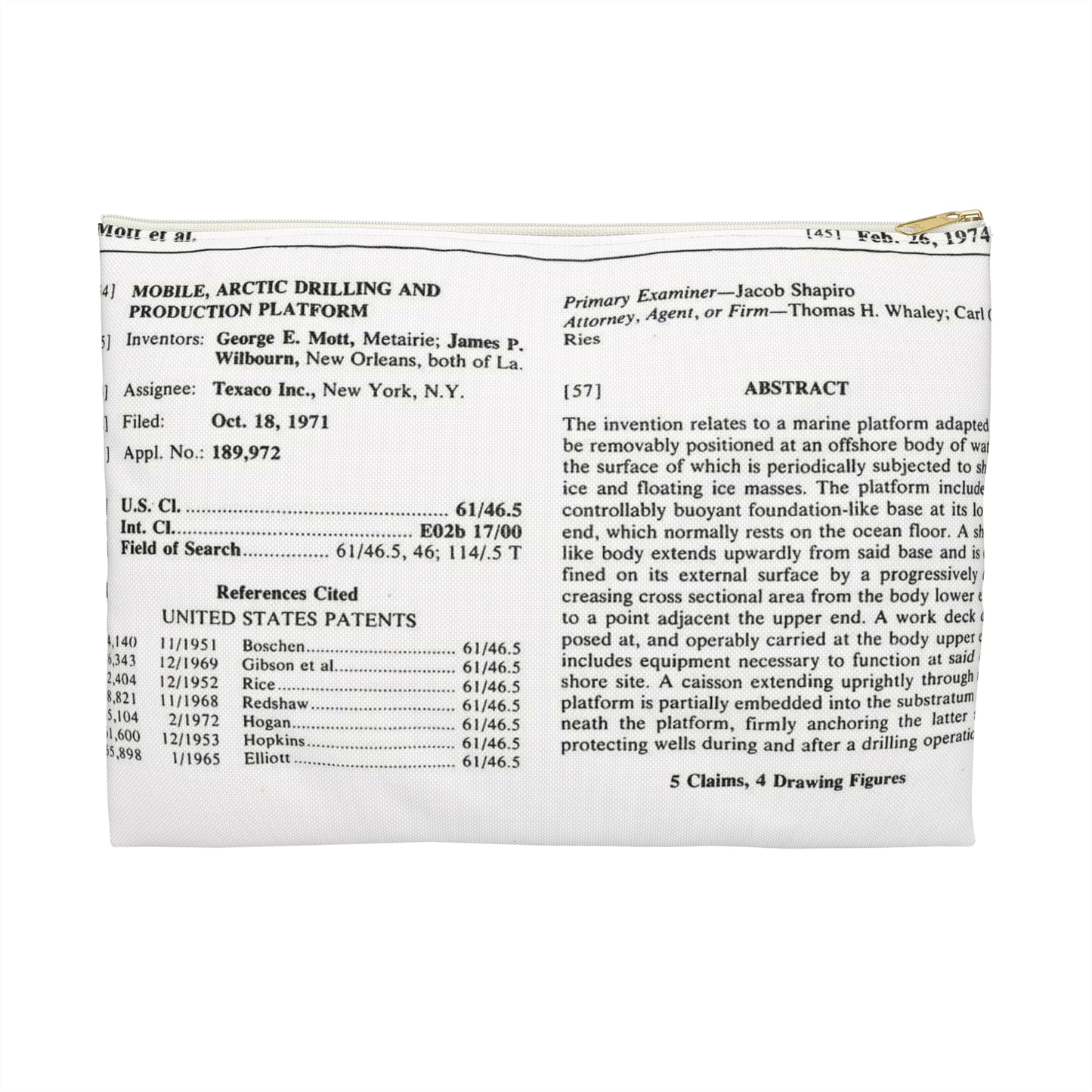 Patent Case File No. 3,793,840, Mobile Arctic Drilling and Production Platform, Inventor(s)- George E. Mott and James P. Wilbourn. - DPLA - 8f260bf2cd8926afbf4da017454f39b3 (page 6) Large Organizer Pouch with Black Zipper