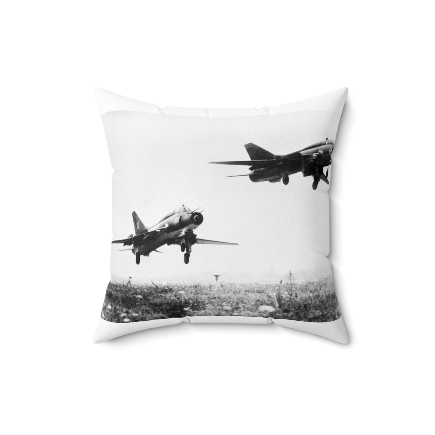 A right side view of a Soviet Su-17 Fitter-G, right, and a Fitter-H aircraft taking off together Decorative Accent Square Pillow