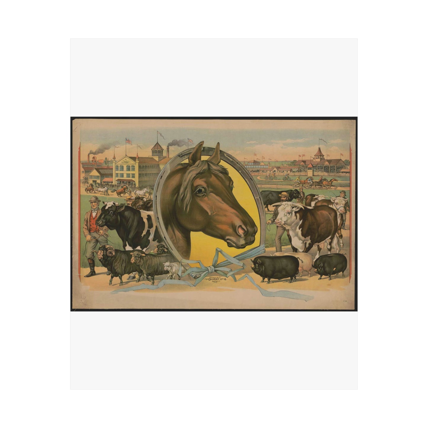 Horse framed by a horseshoe with fair buildings and a racetrack in the background High Quality Matte Wall Art Poster for Home, Office, Classroom