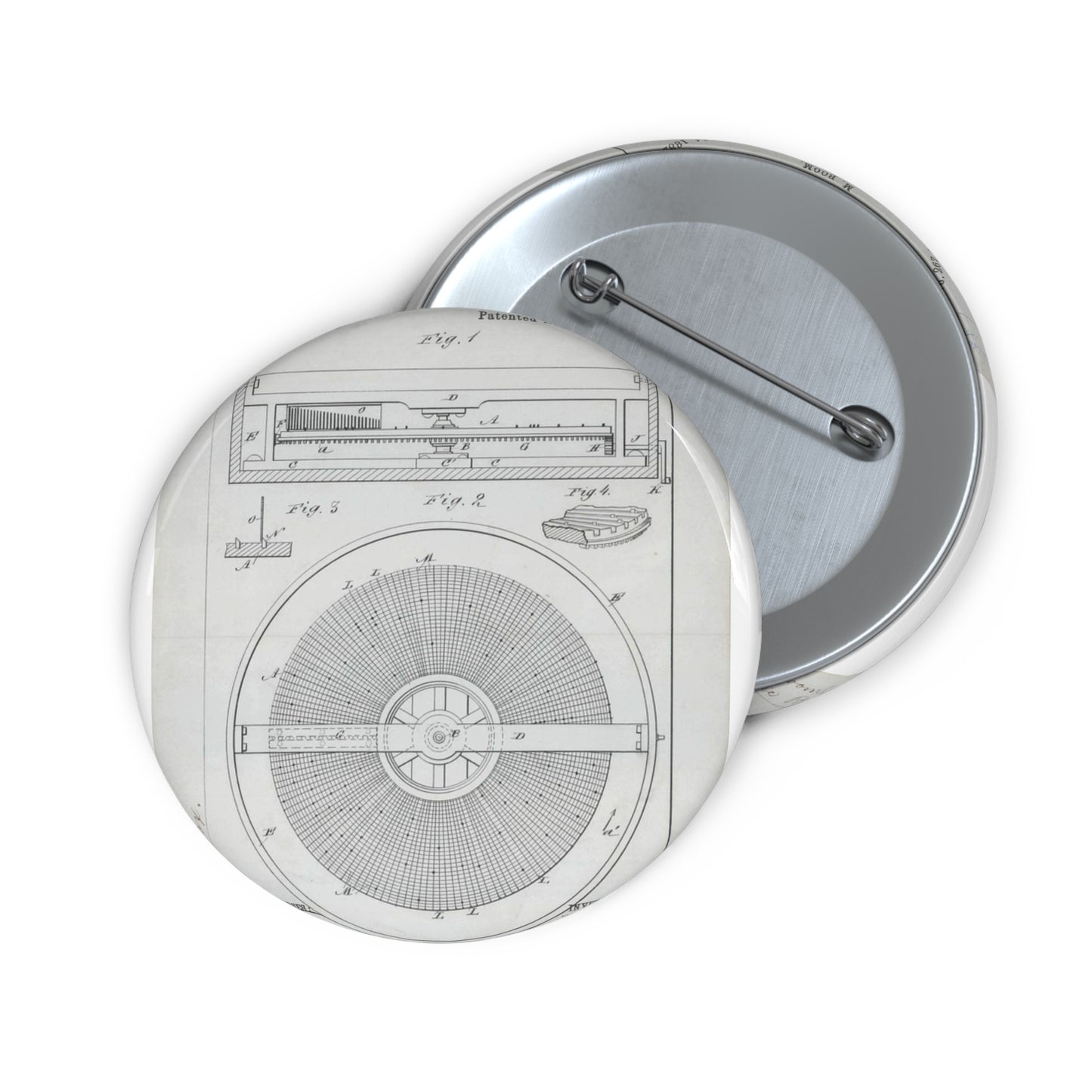 Patent Drawing of Engine - for M. Boom's Music Box Public domain  image Pin Buttons with Crisp Design