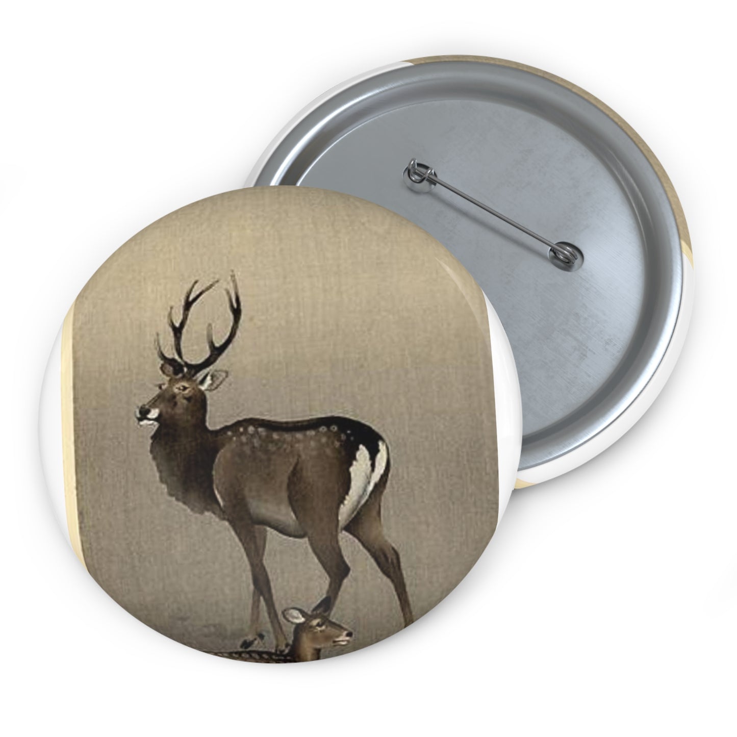 Koson - stag-and-recumbent-doe, Ohara Koson Pin Buttons with Crisp Design