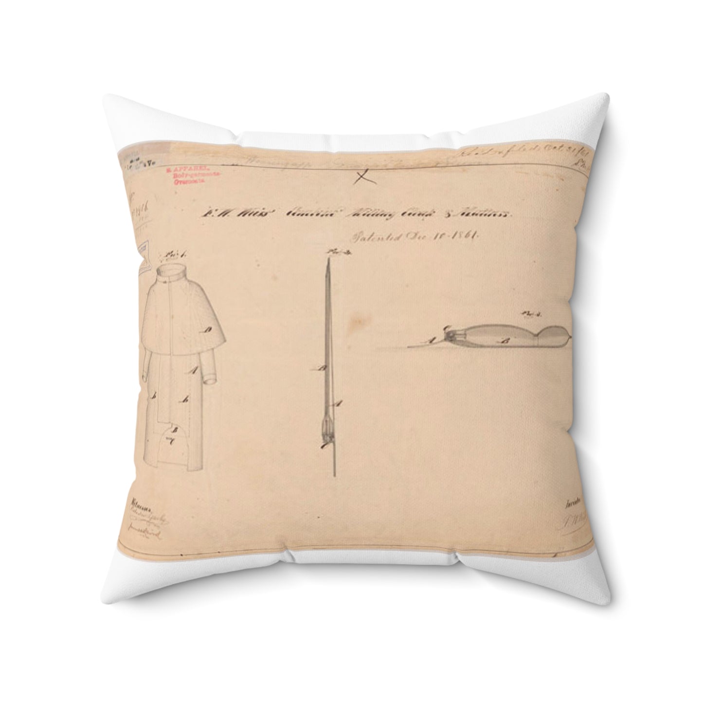 Patent drawing - Drawing of Combined Military Cloak and Mattress Public domain  image Decorative Accent Square Pillow