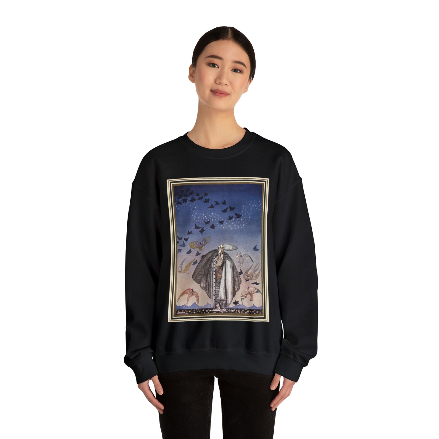 ‘No sooner had he whistled than he heard a whizzing and a whirring from all quarters, and such a large flock of birds swept down that they blackened all the field in which they settled’ (6278219321) Black Heavy Blend Adult Crew Neck SweatShirt